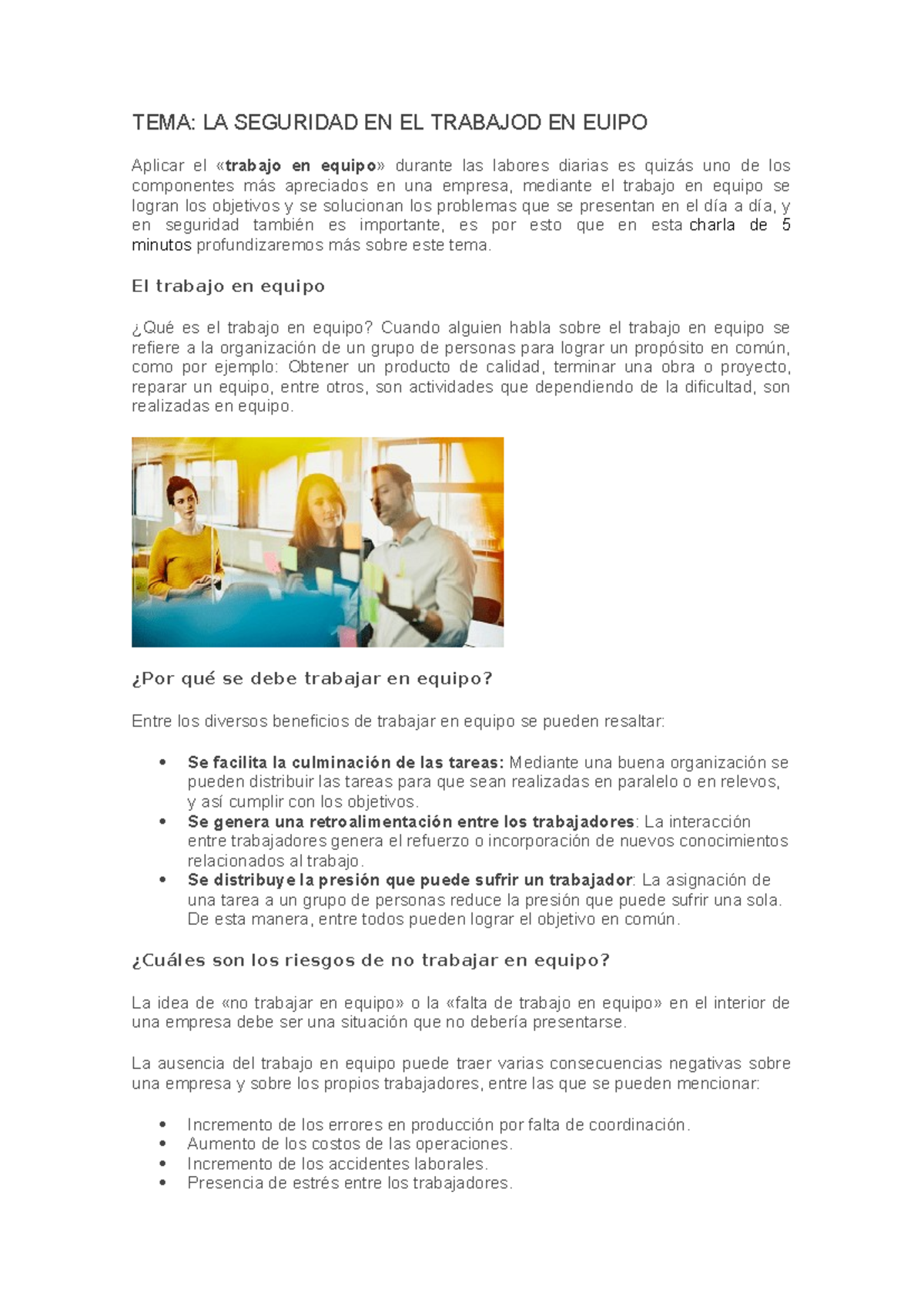 TEMA seguridad en el trabajo en equipo - TEMA: LA SEGURIDAD EN EL ...