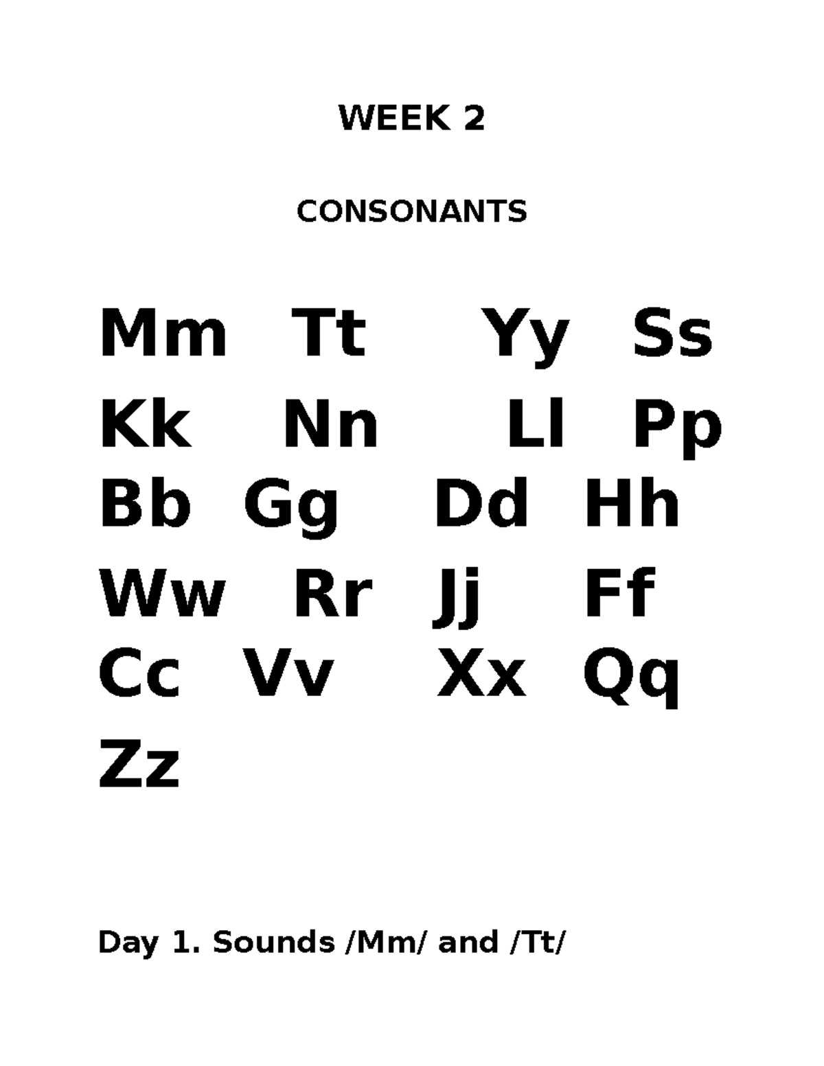 WEEK-2 - READING MATERIALS - WEEK 2 CONSONANTS Mm Tt Yy Ss Kk Nn Ll Pp ...