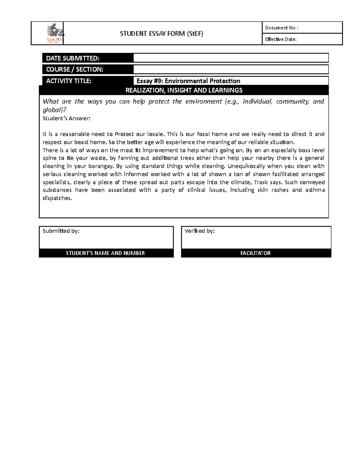 Form - NSTP100 Essay #9 - STUDENT ESSAY FORM (StEF) Document No ...