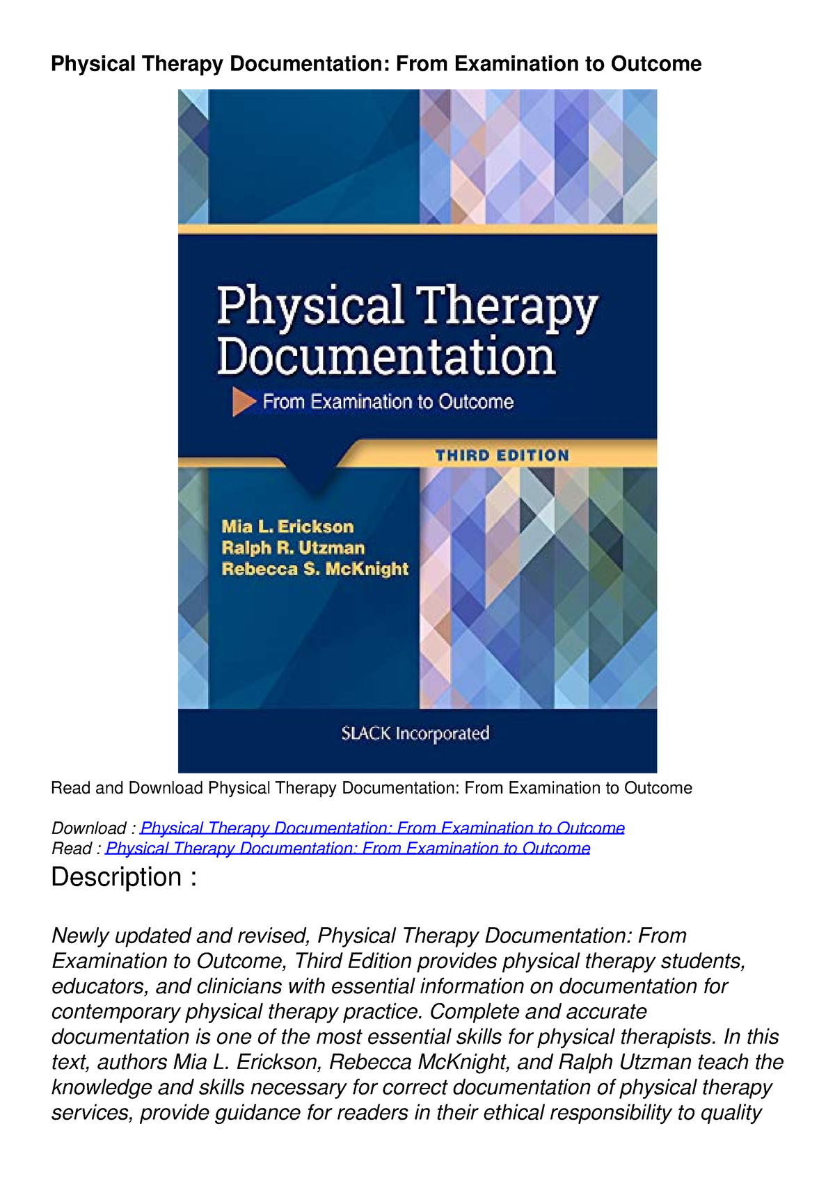 Kindle Online Pdf Physical Therapy Documentation From Examination To Outcome Physical 3018