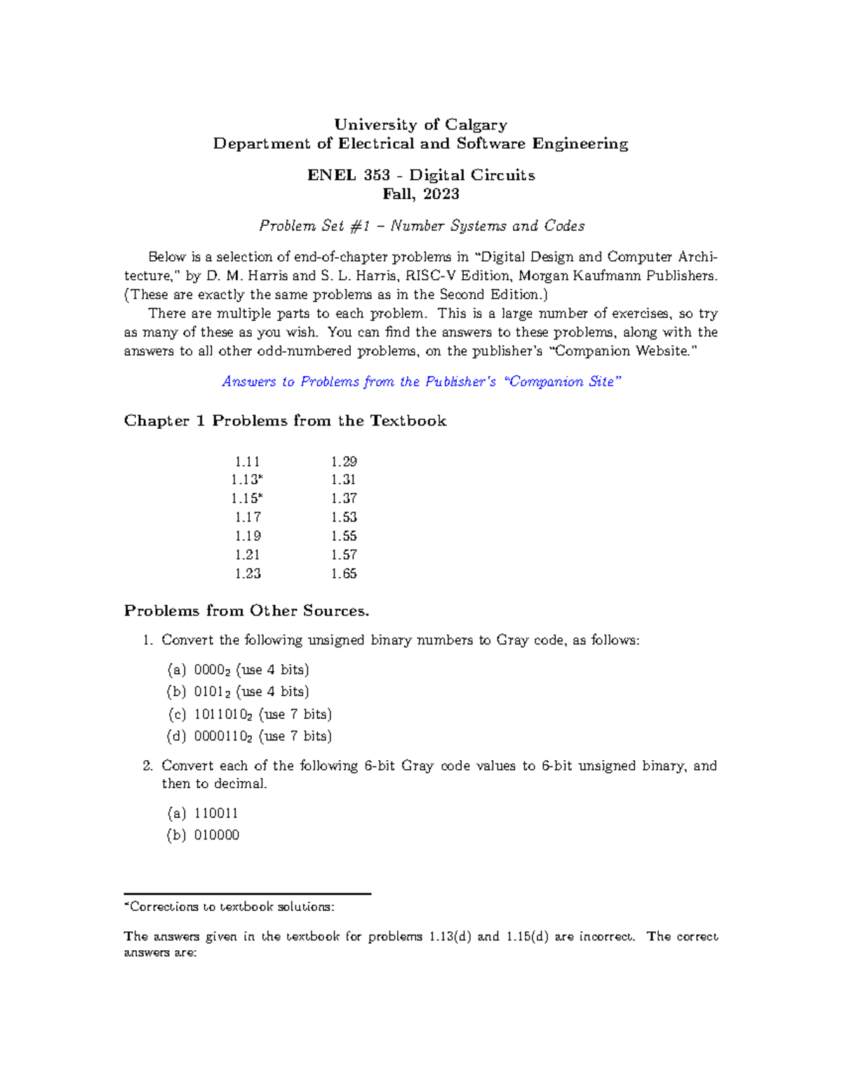 Probset 1 - Problems for Quiz 1 - University of Calgary Department of ...