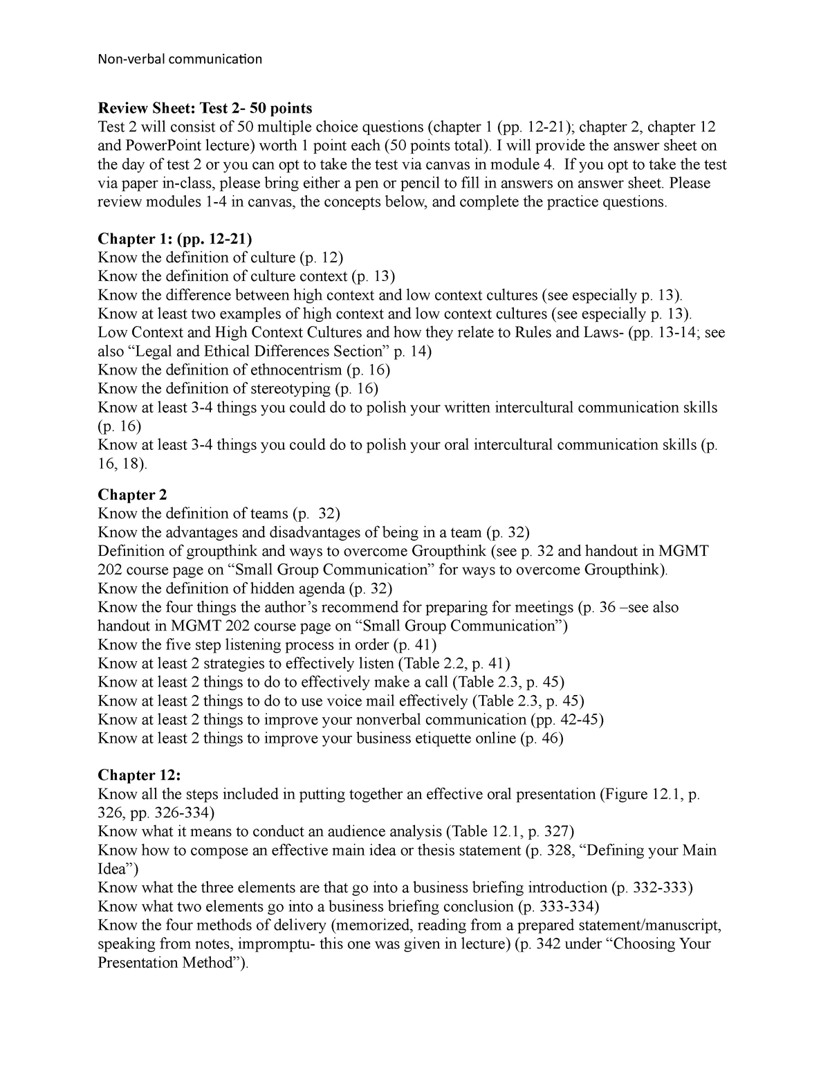 Exam review non-verbal communication - Review Sheet: Test 2- 50 points ...