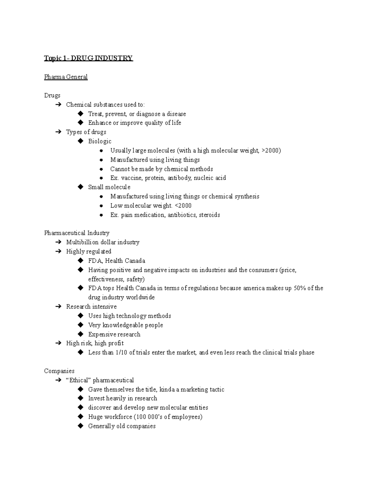 Focus 1 notes fall 2020 - Topic 1- DRUG INDUSTRY Pharma General Drugs ...