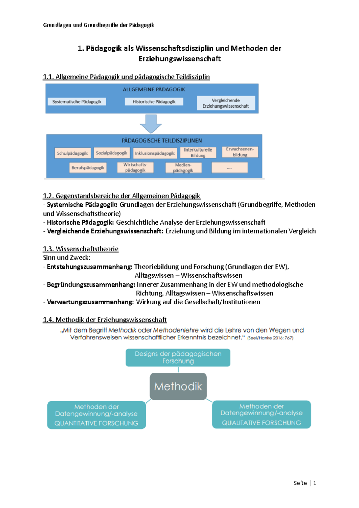 Prüfungsmaterial - 1. Pädagogik als Wissenschaftsdisziplin und Methoden ...