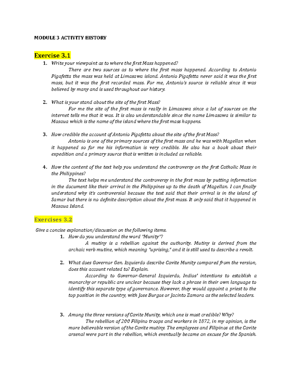 Module 3 Activity - MODULE 3 ACTIVITY HISTORY Exercise 3. Write your ...