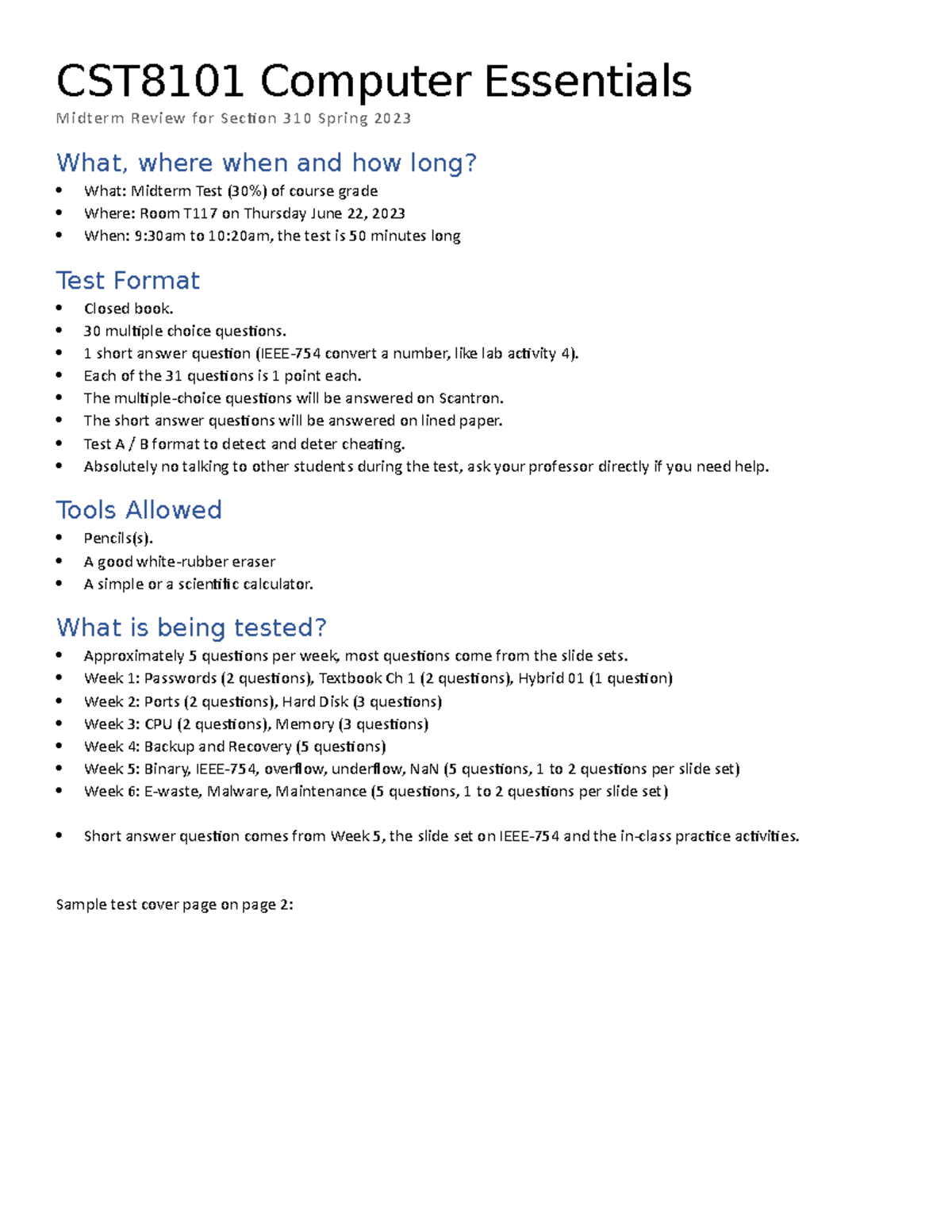 Midterm Review Section 310 Spring 2023 CST8101 Computer Essentials