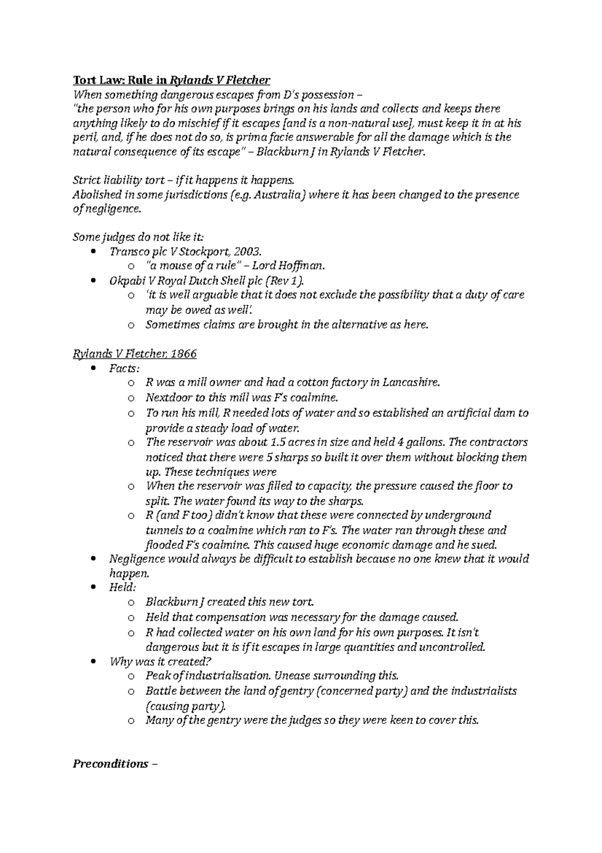 Tort Law - Ryland V Fletcher - Tort Law: Rule in Rylands V Fletcher ...