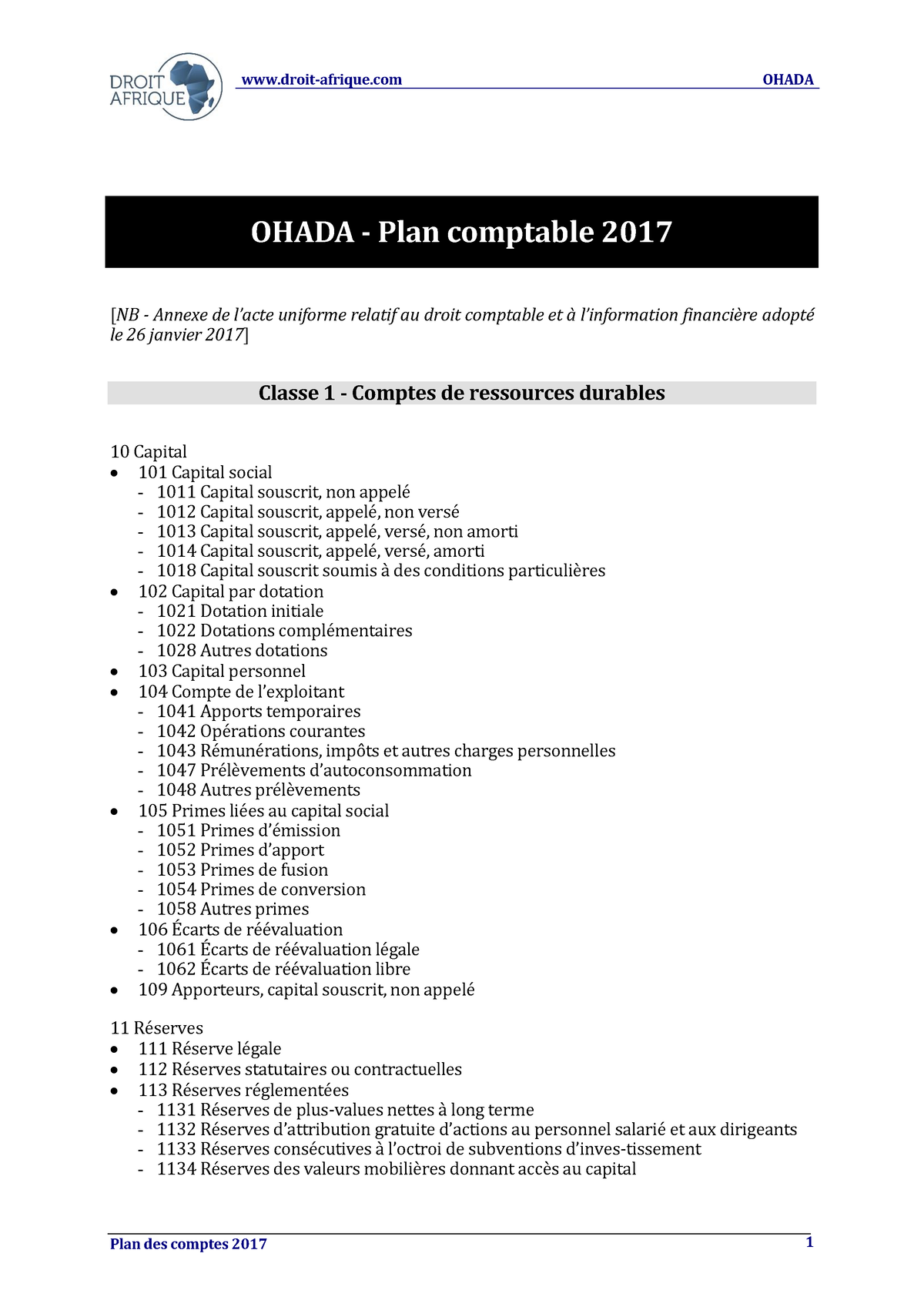 Ohada Plan Comptable 2017 - OHADA - Plan Comptable 2017 [NB - Annexe De ...