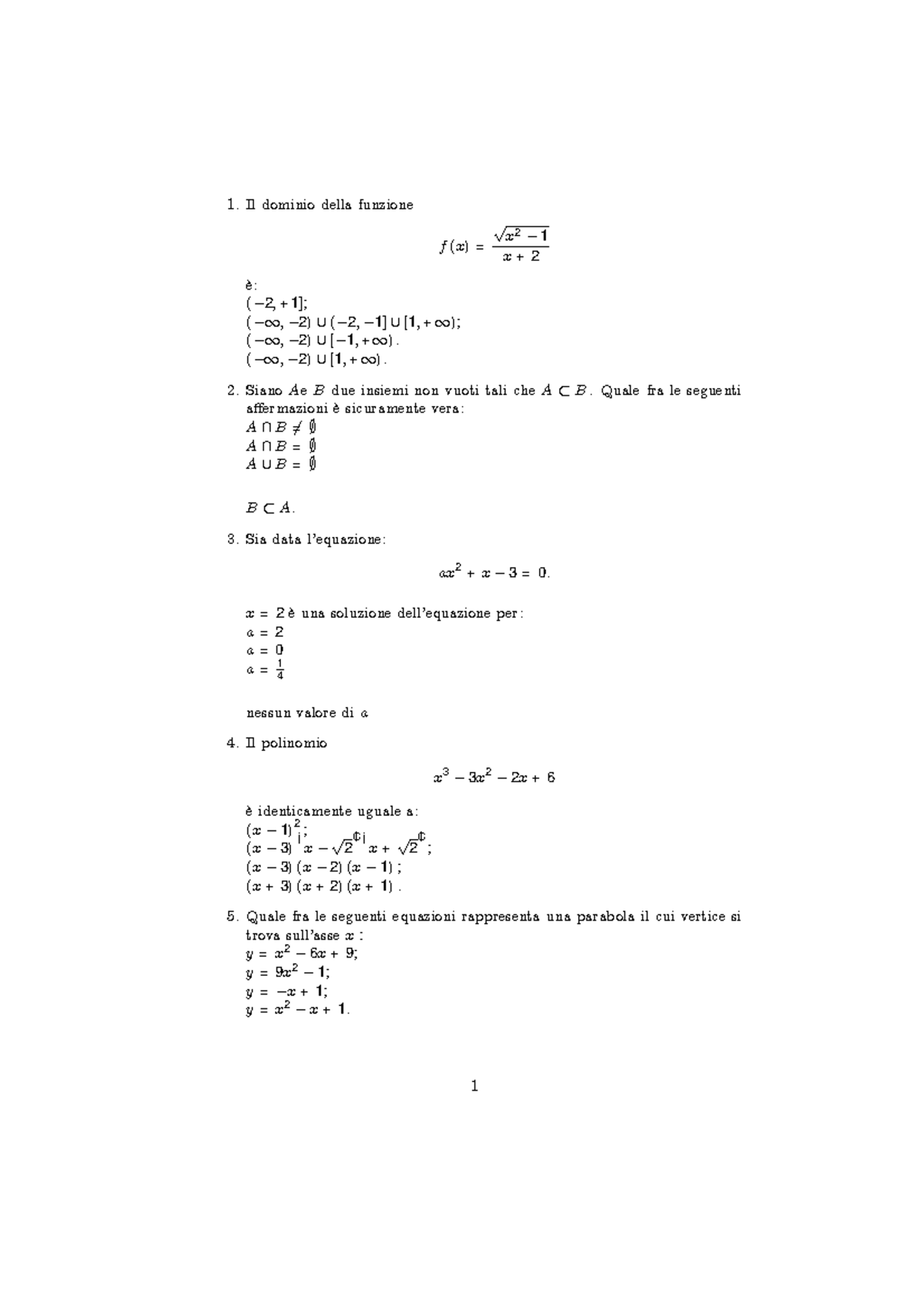 esame debito formativo di matematica generale Il dominio della