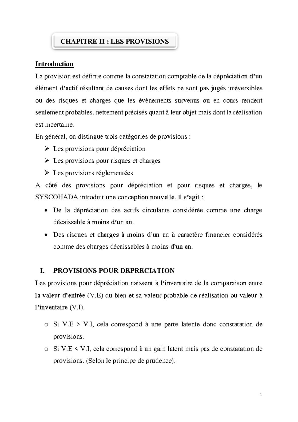 Chapitre 2 les provisions - Introduction La provision est définie comme ...