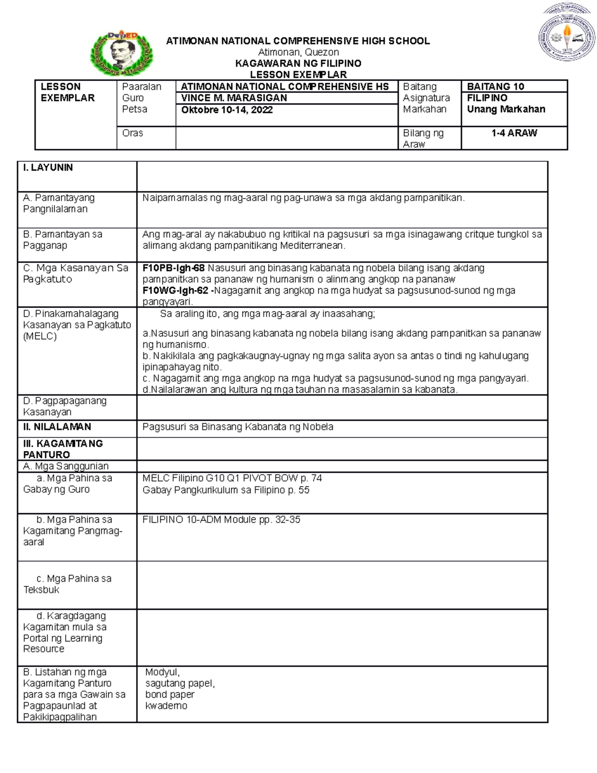 Lesson Exemplar 7th Week 1st Quarter VMM ATIMONAN NATIONAL