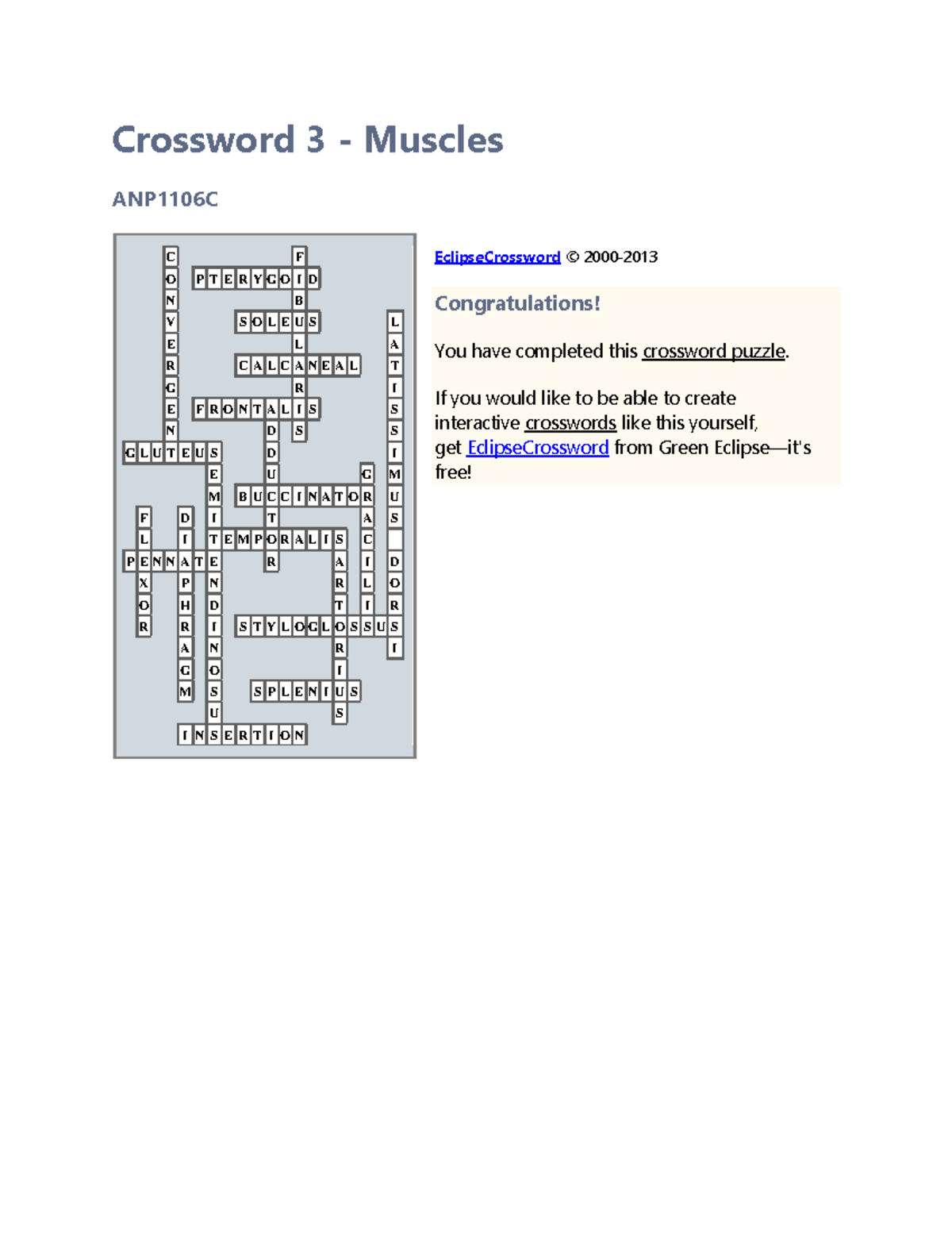 Crossword Puzzle Crossword 3 Muscles ANP1106C C F O P T E R Y G O I