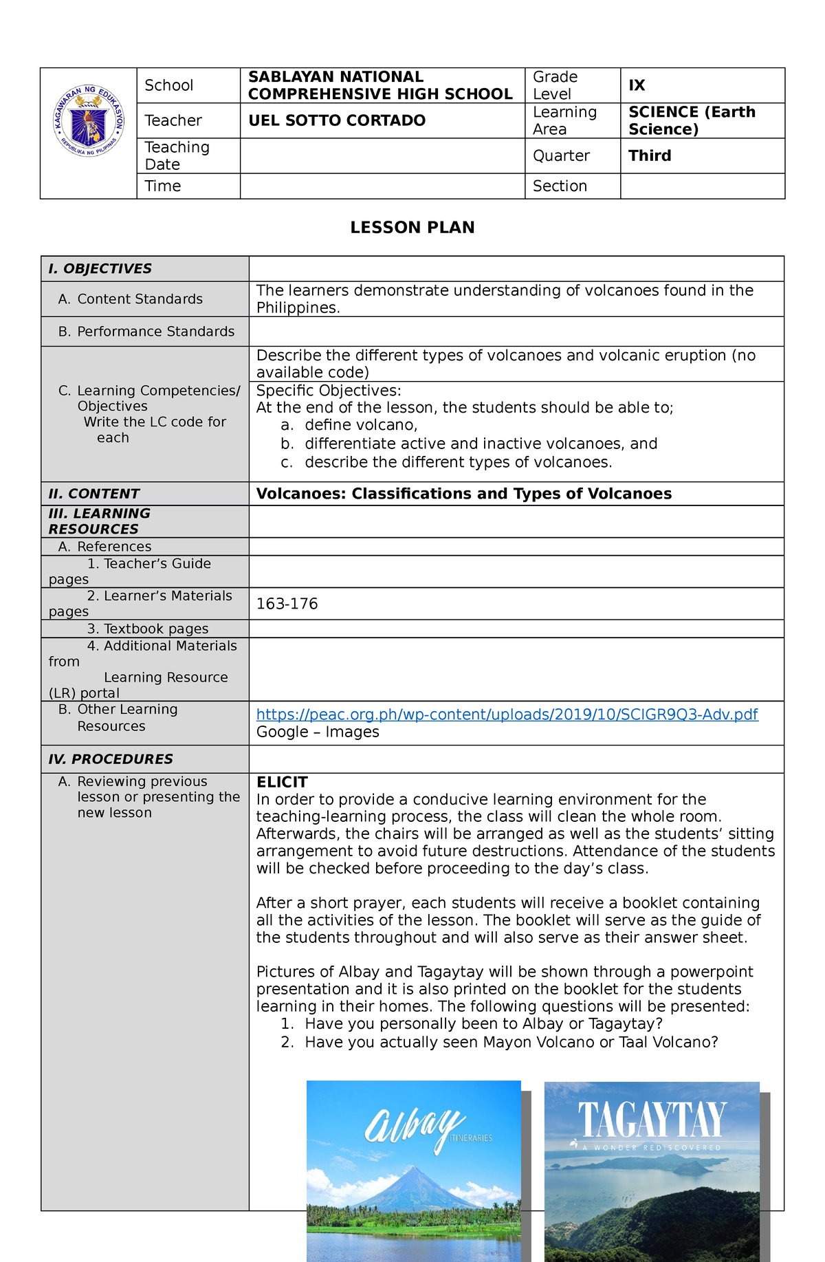 7E Lesson Plan Types Of Volcano And Volcanic Eruption - School SABLAYAN ...