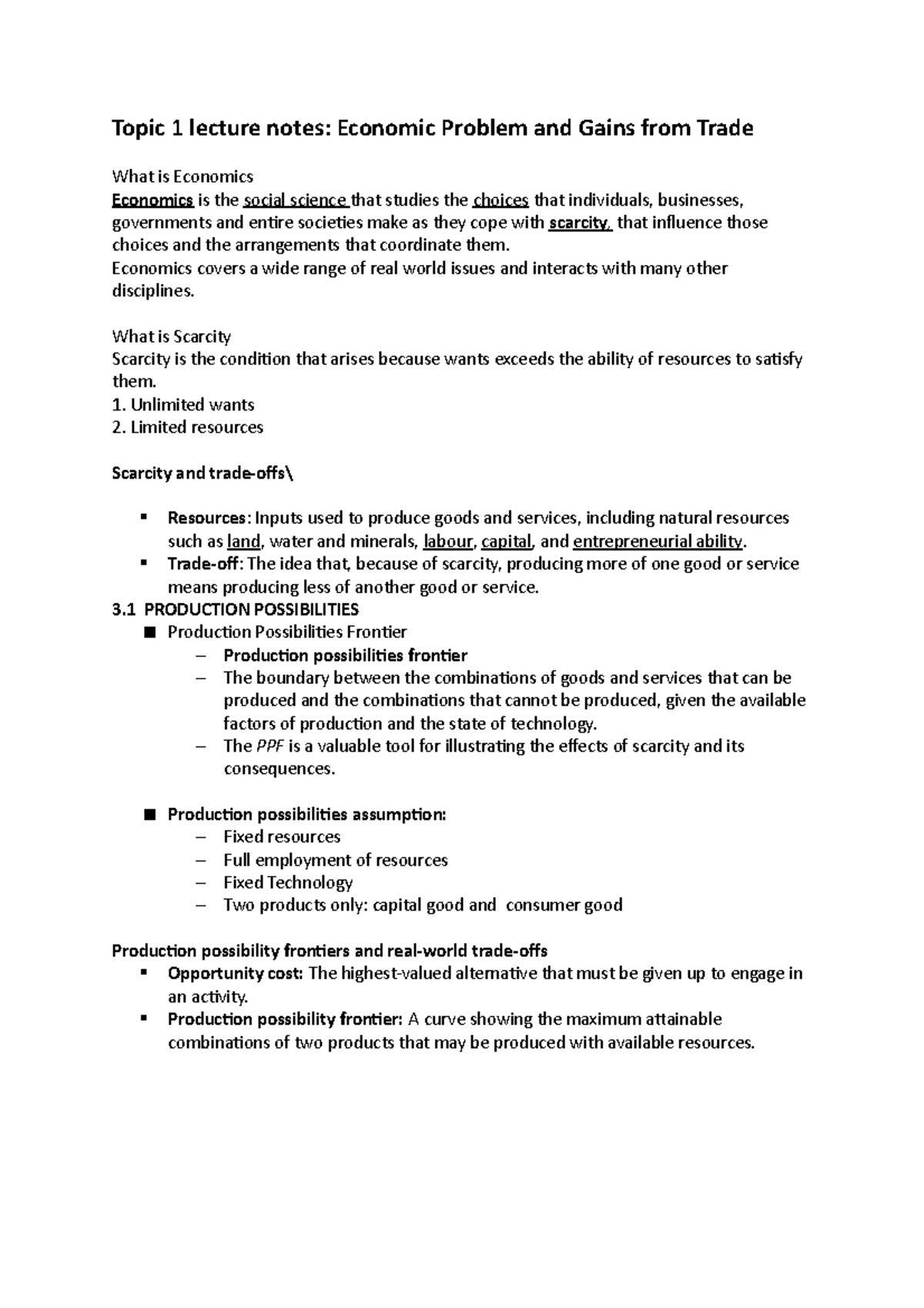 Topic 1 lecture notes - Topic 1 lecture notes: Economic Problem and ...