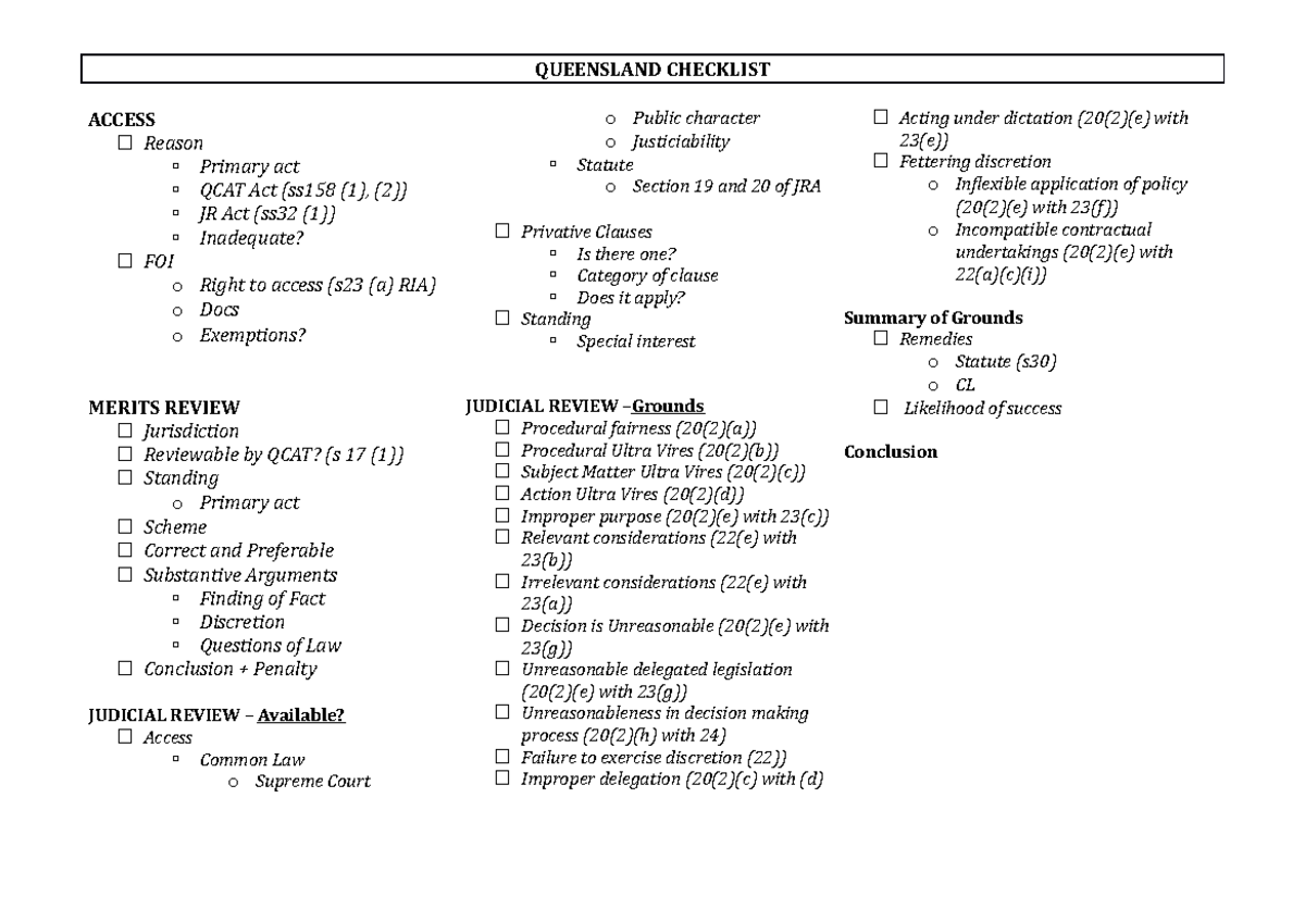 1. Admin- Queensland- Checklist - QUEENSLAND CHECKLIST ACCESS Reason ...