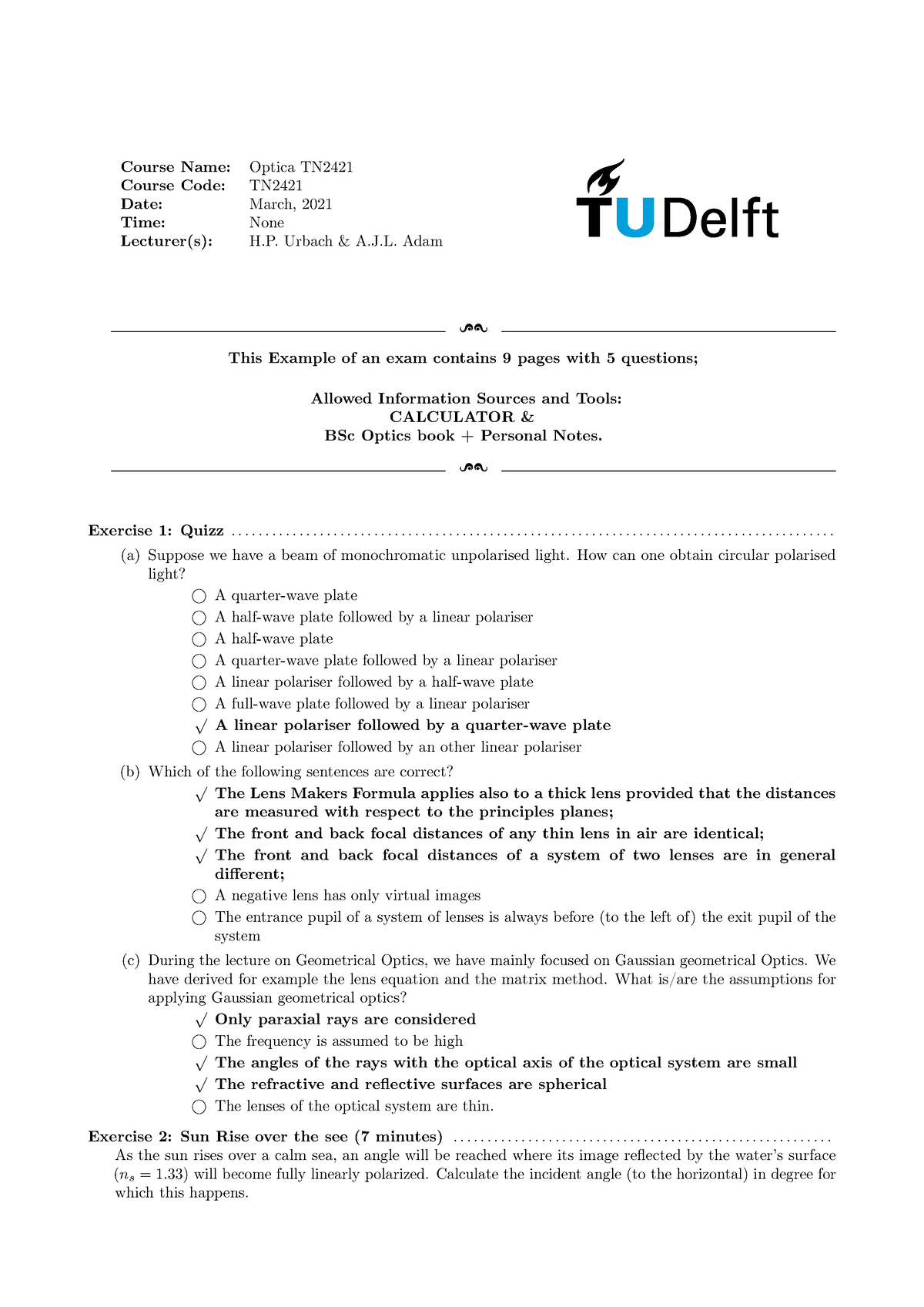 Example Exam TN24212 Course Name Optica TN Course Code TN Date