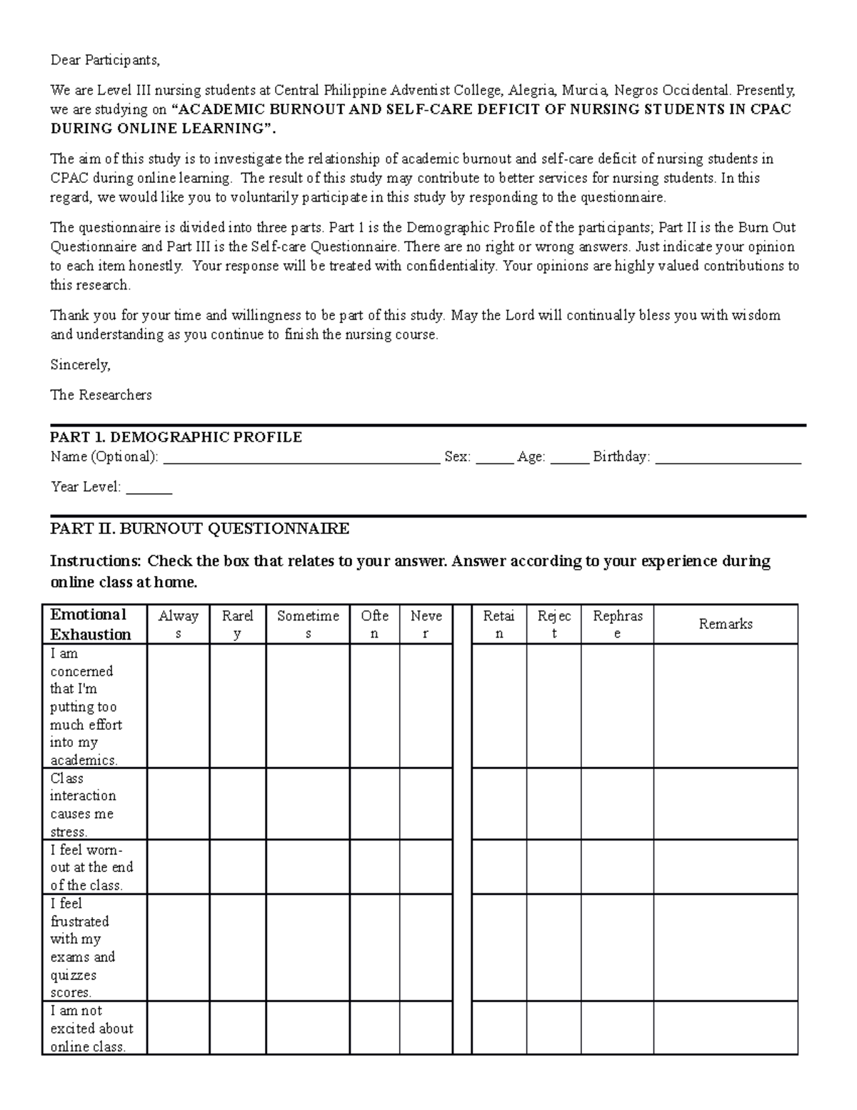 Questionnaire for-validation - Dear Participants, We are Level III ...