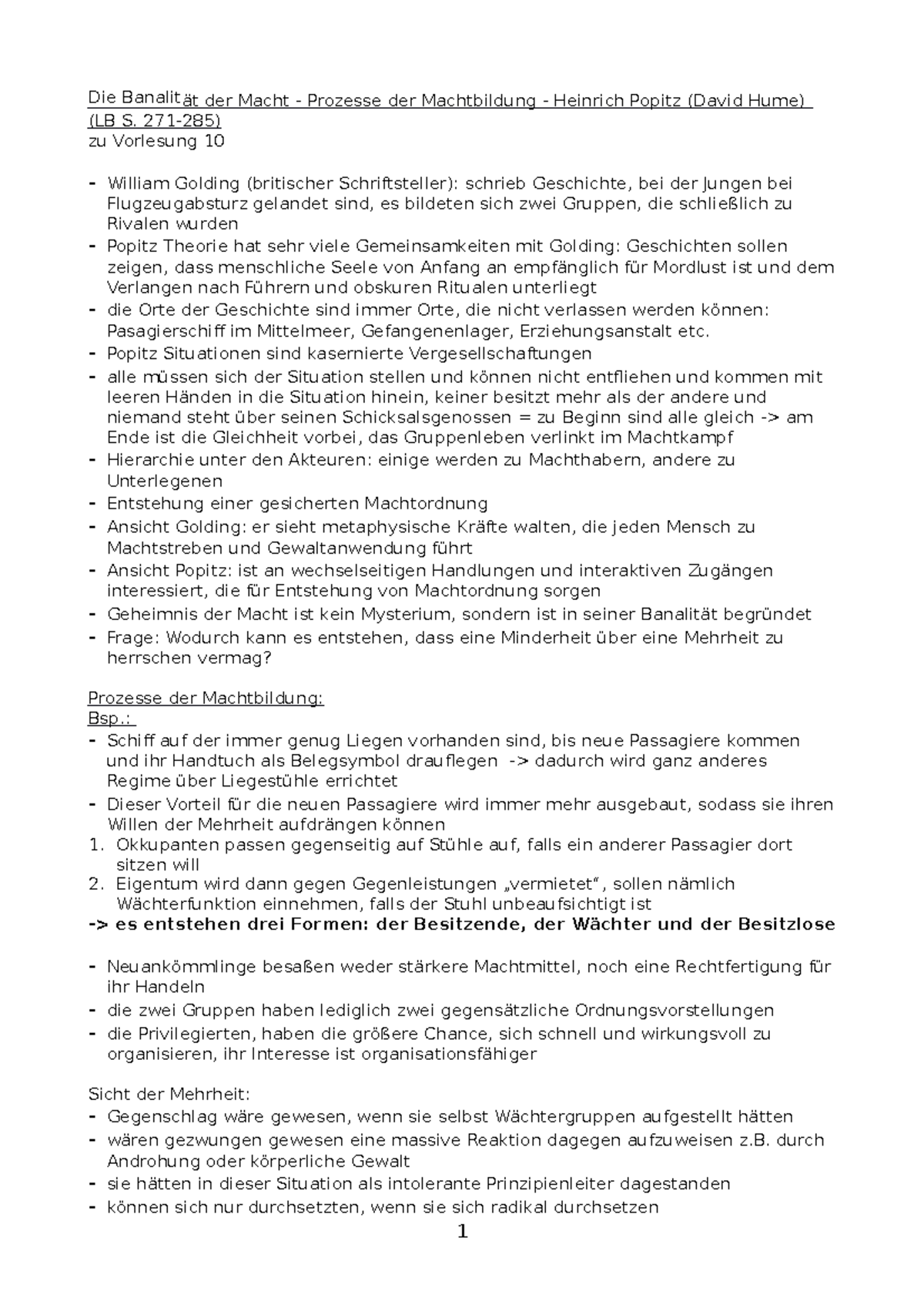 Prozesse der Machtbildung - Heinrich Popitz (David Hume) - 271-285) zu ...
