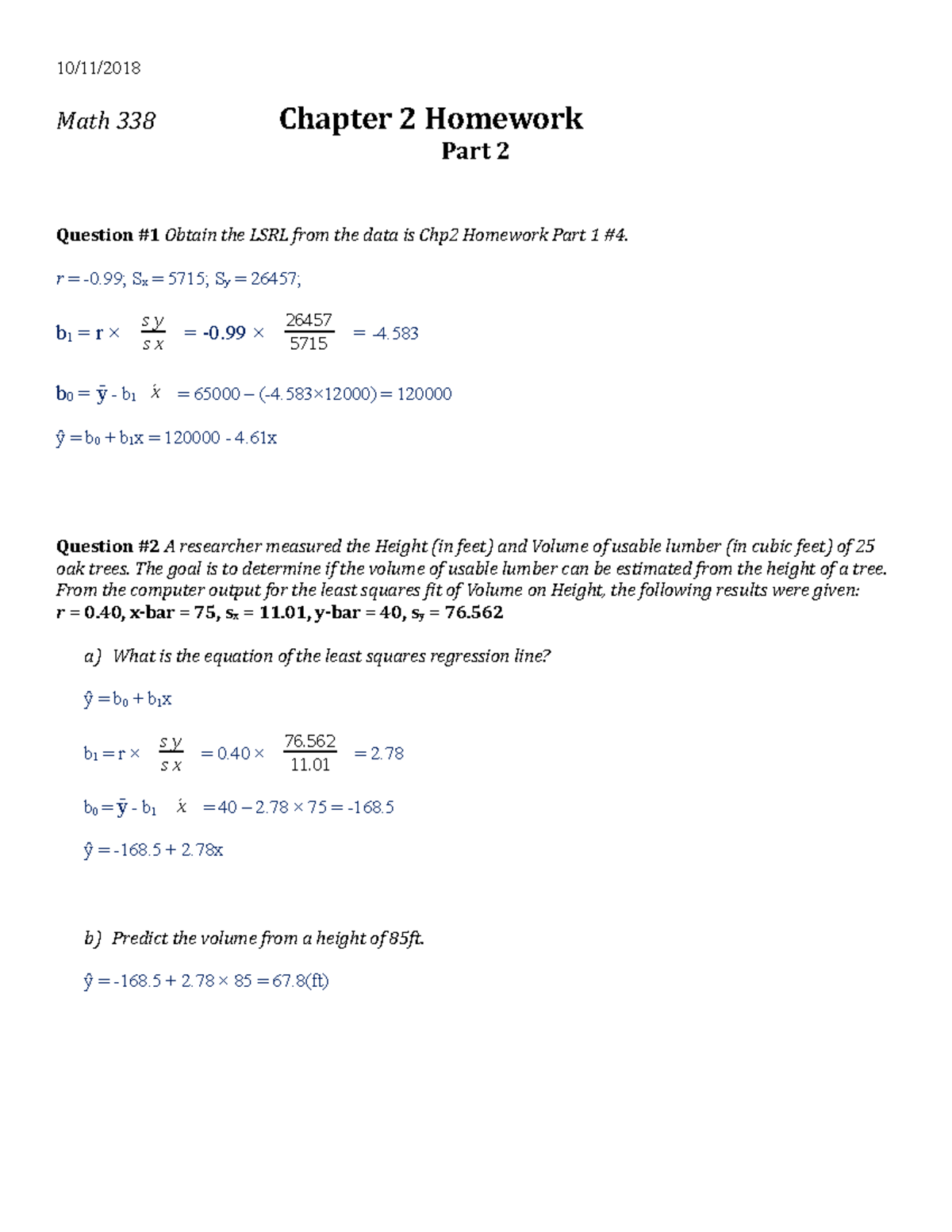 Chapter 2 Homework Part 2 - 10/11/2018 Chapter 2 Homework Math 338 Part ...