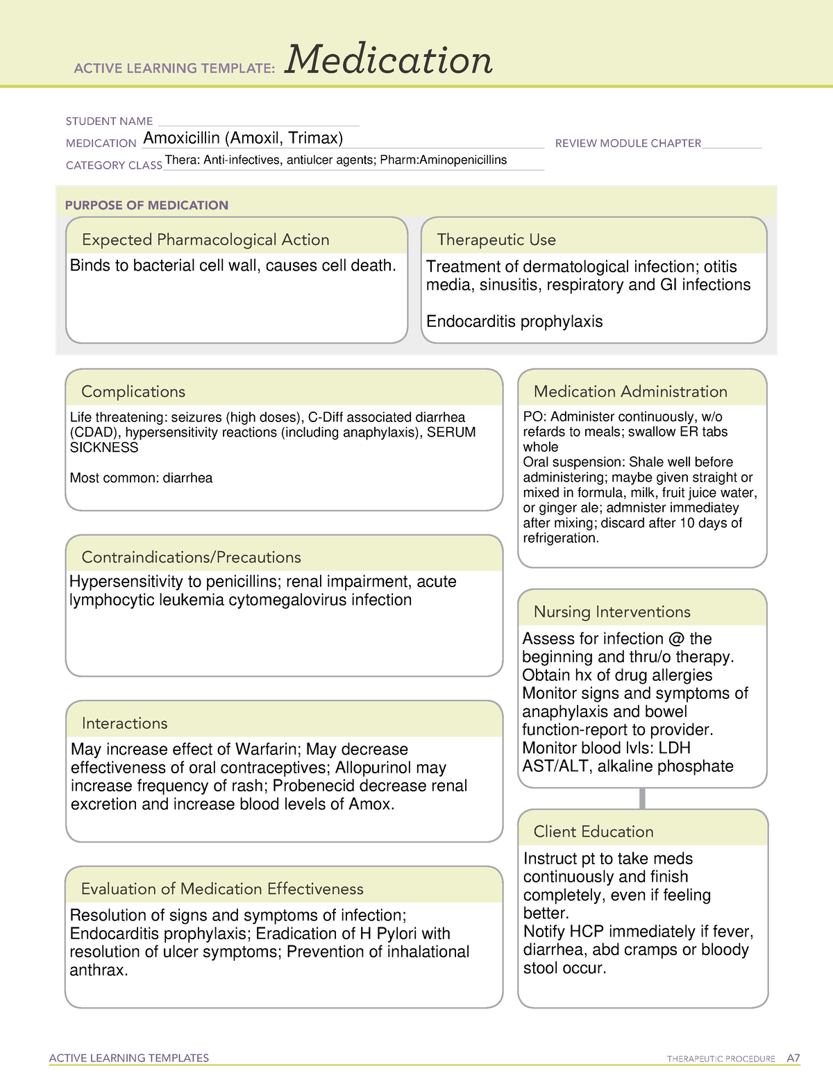 Amoxicillin ATI MED TEMPLATE ACTIVE LEARNING TEMPLATES THERAPEUTIC