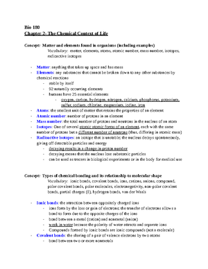 Biology Chapter 3 Review - Bio 180 Chapter 3- Water and Life Concept ...