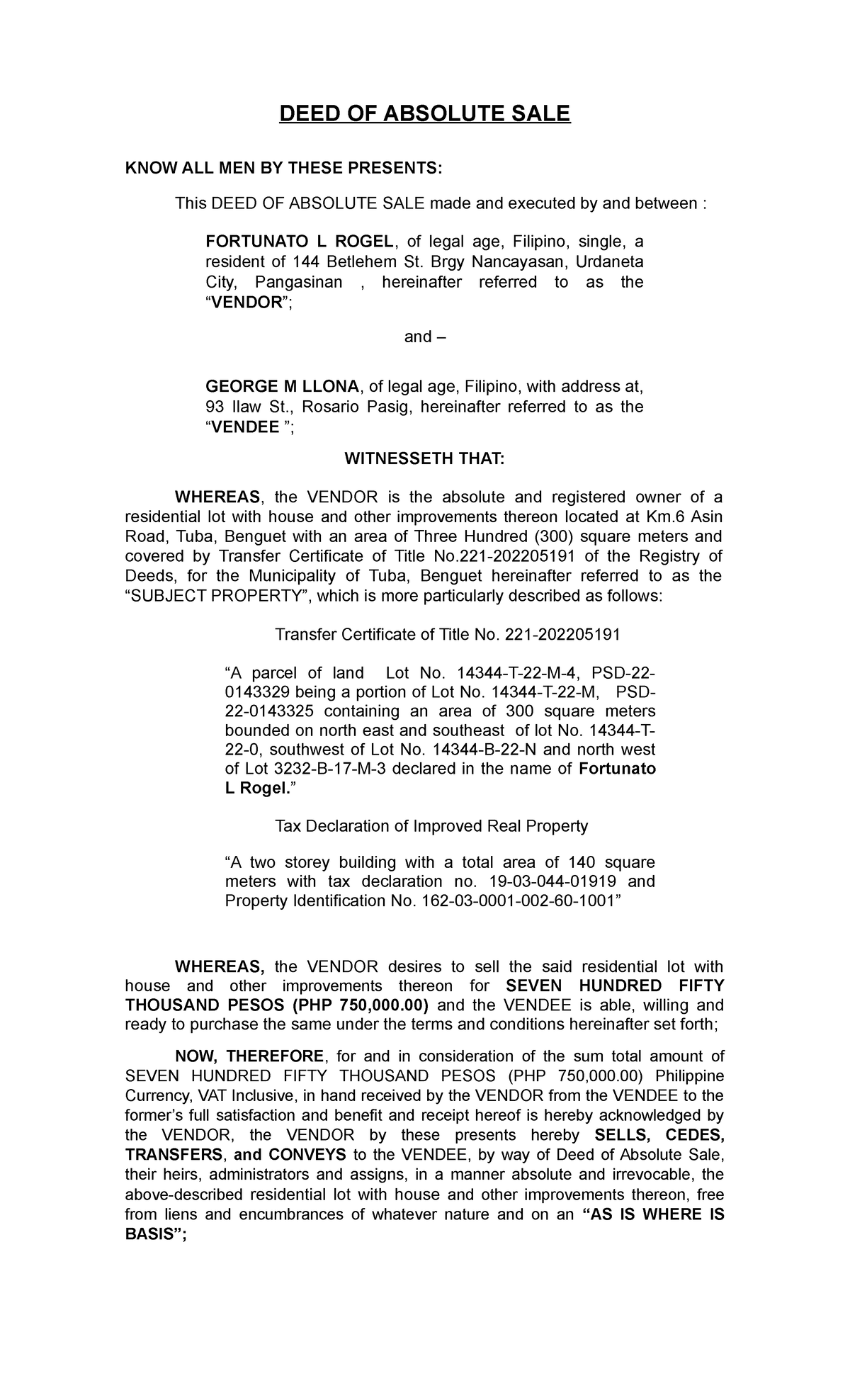 1. DEED OF Absolute SALE - DEED OF ABSOLUTE SALE KNOW ALL MEN BY THESE ...