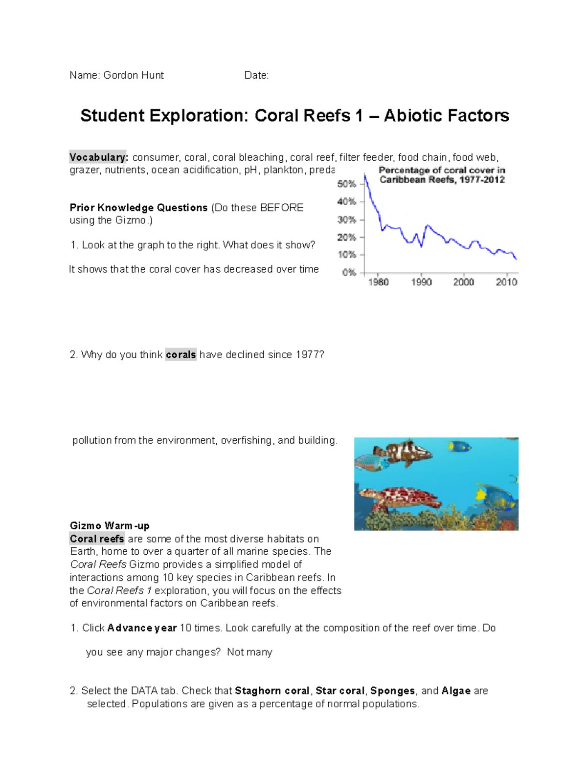 Coral Reef 1SE - yes - Name: Gordon Hunt Date: Student Exploration ...