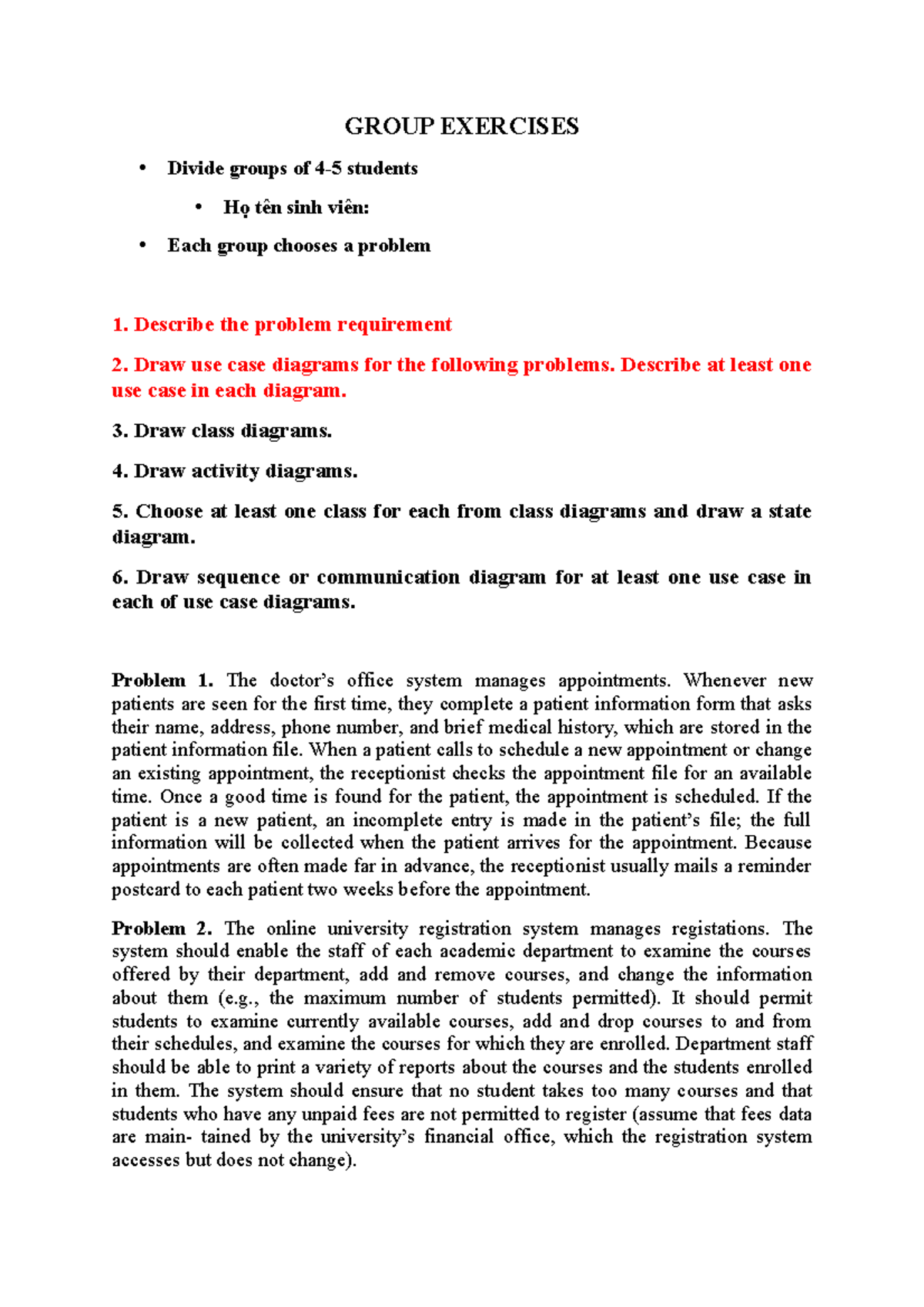 List Of Problems Group Exercises - GROUP EXERCISES • Divide groups of 4 ...