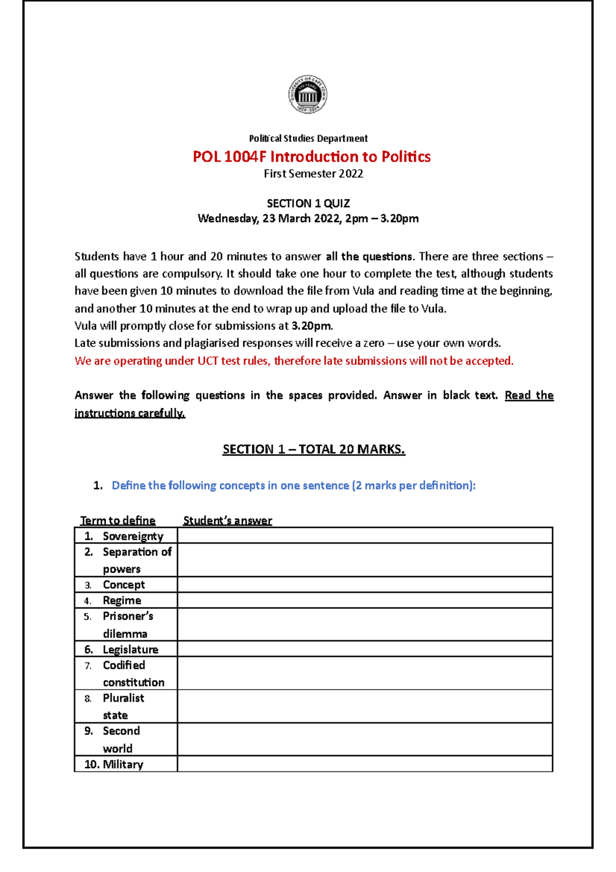 Test 1 - Introduction To Politics - Political Studies Department POL ...