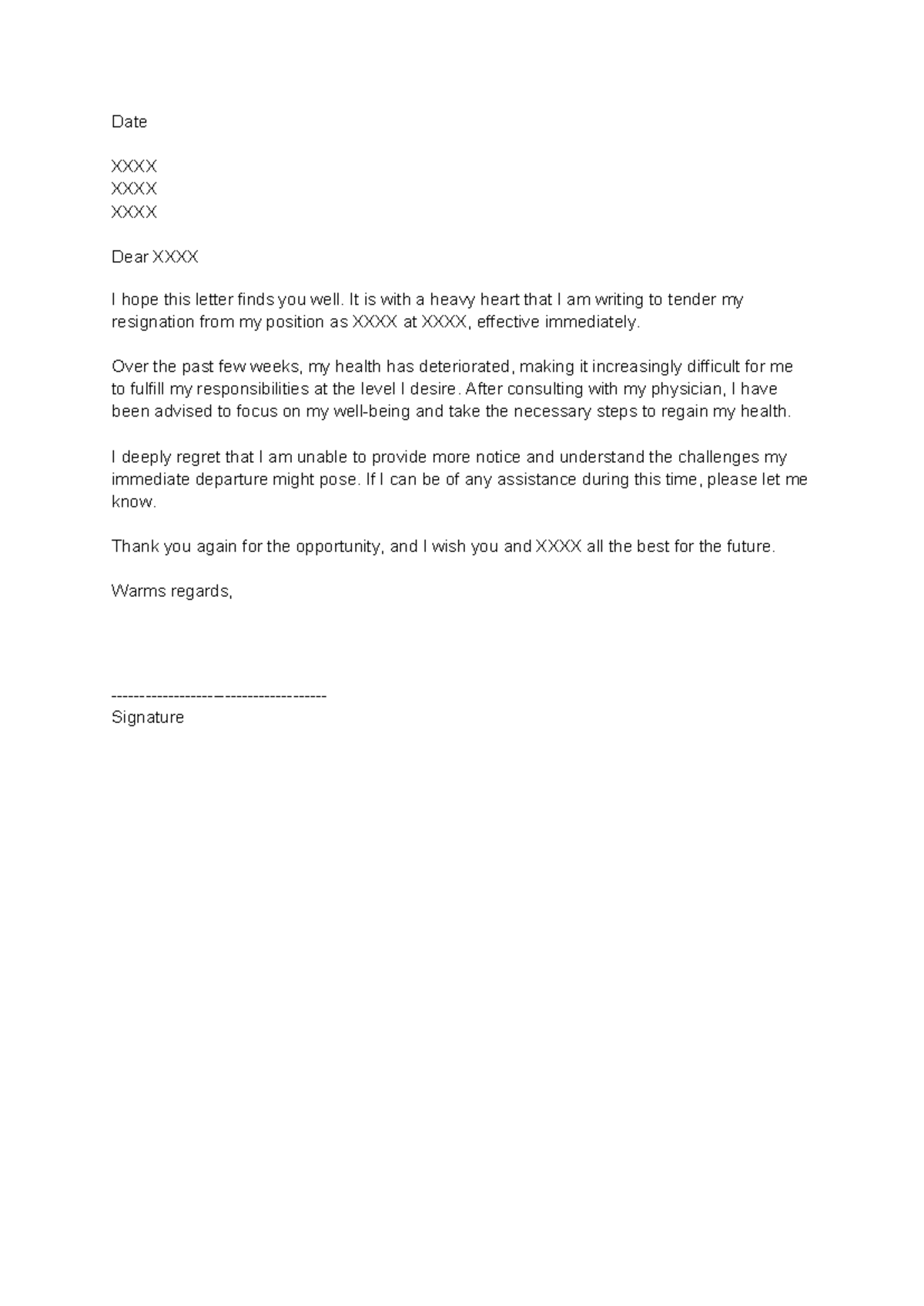 Resignation letter - carta de renuncia en inglés - Date XXXX XXXX XXXX