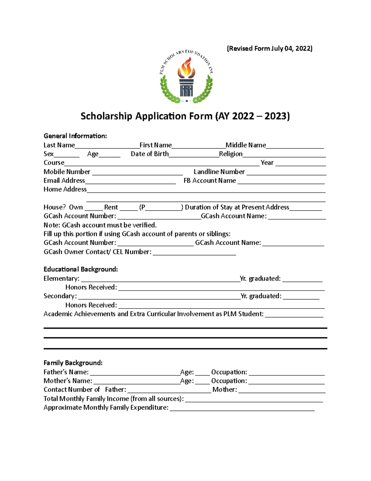 Plmsfi Application Form AY 2022 2023 (Revised Form July 04, 2022
