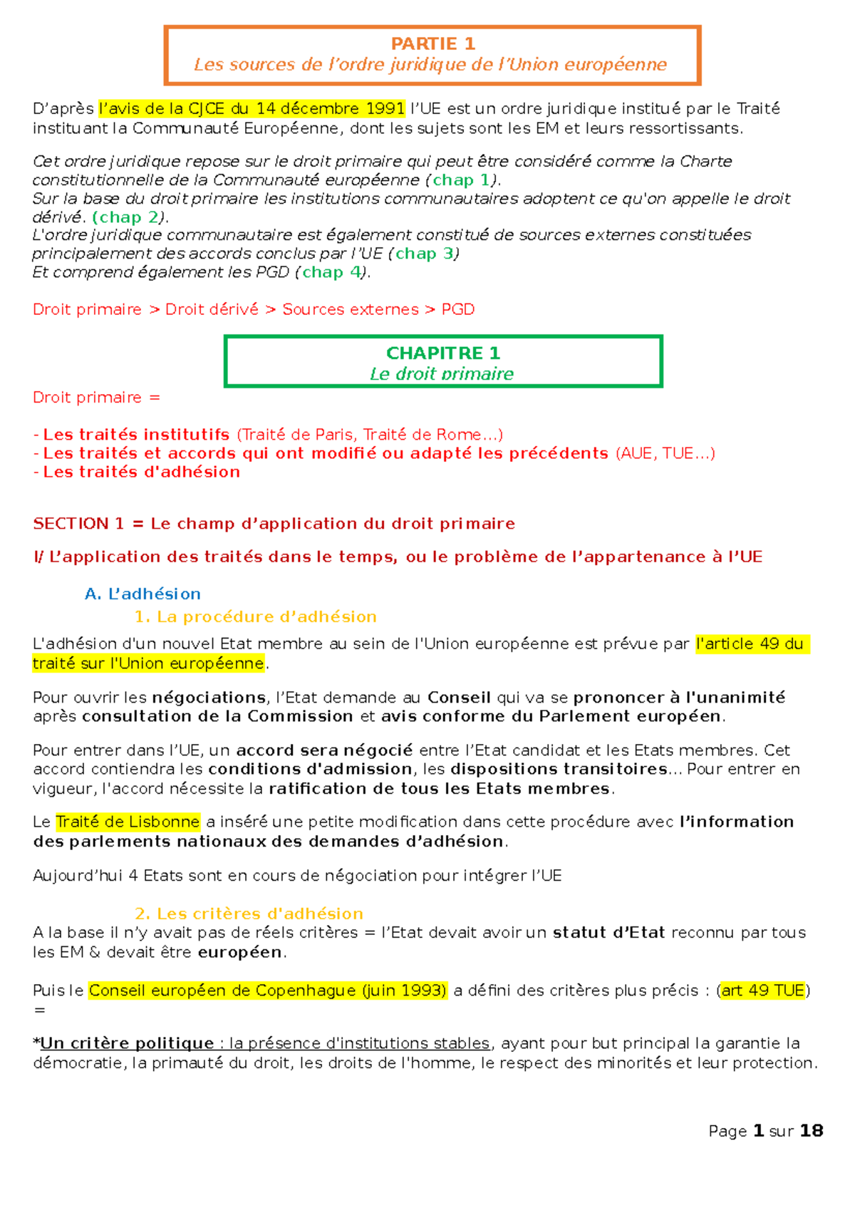 Partie 1 - D’après l’avis de la CJCE du 14 décembre 1991 l’UE est un ...
