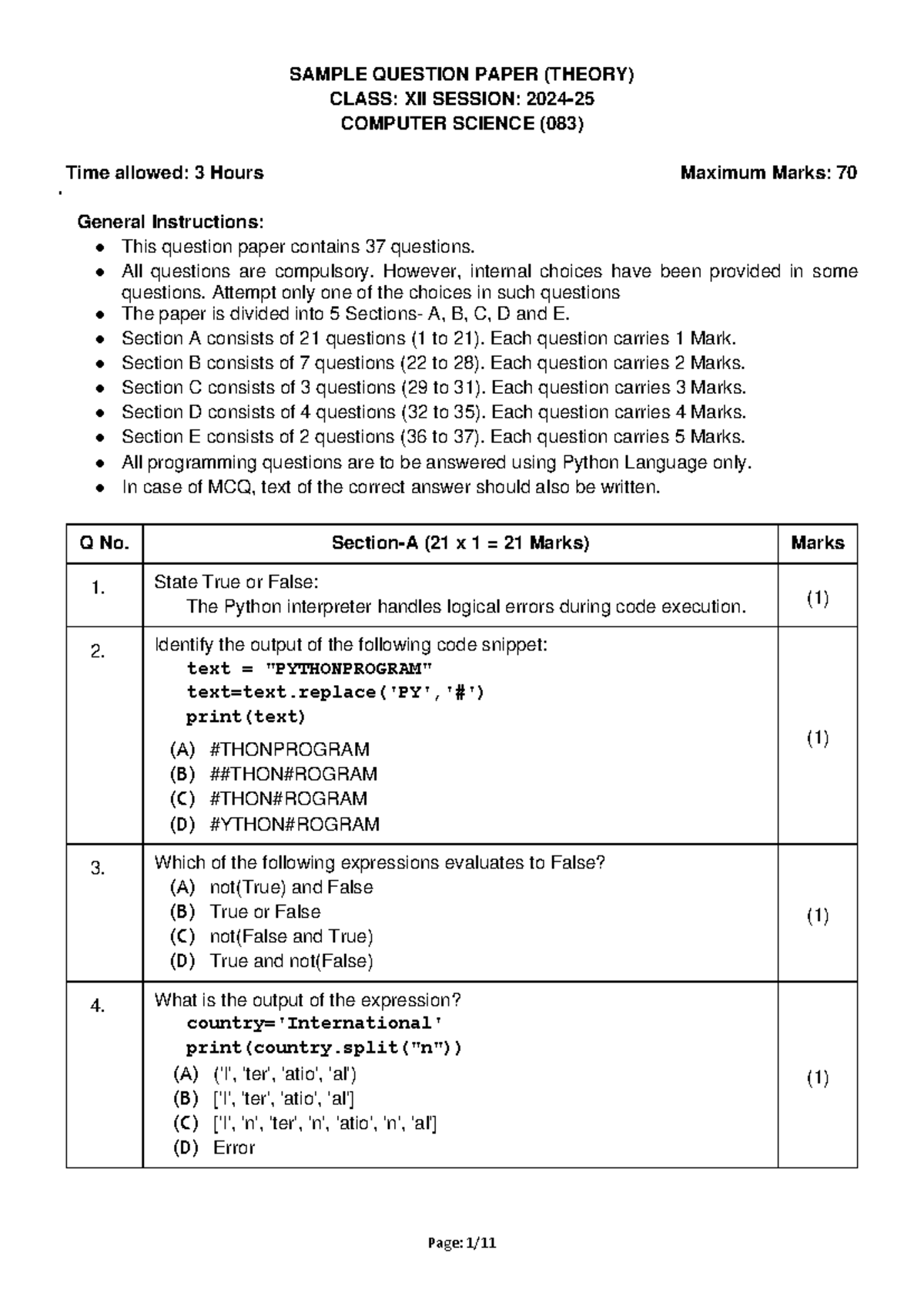 Computer ScienceSQP Cs sample QP 202425 SAMPLE QUESTION PAPER