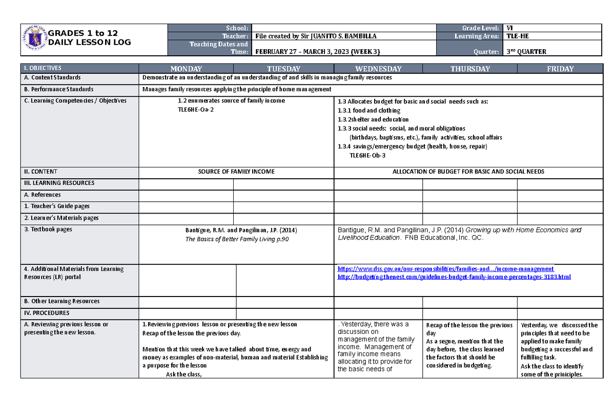 DLL TLE-HE 6 Q3 W3 - DLL TLE-HE 6 - GRADES 1 to 12 DAILY LESSON LOG ...