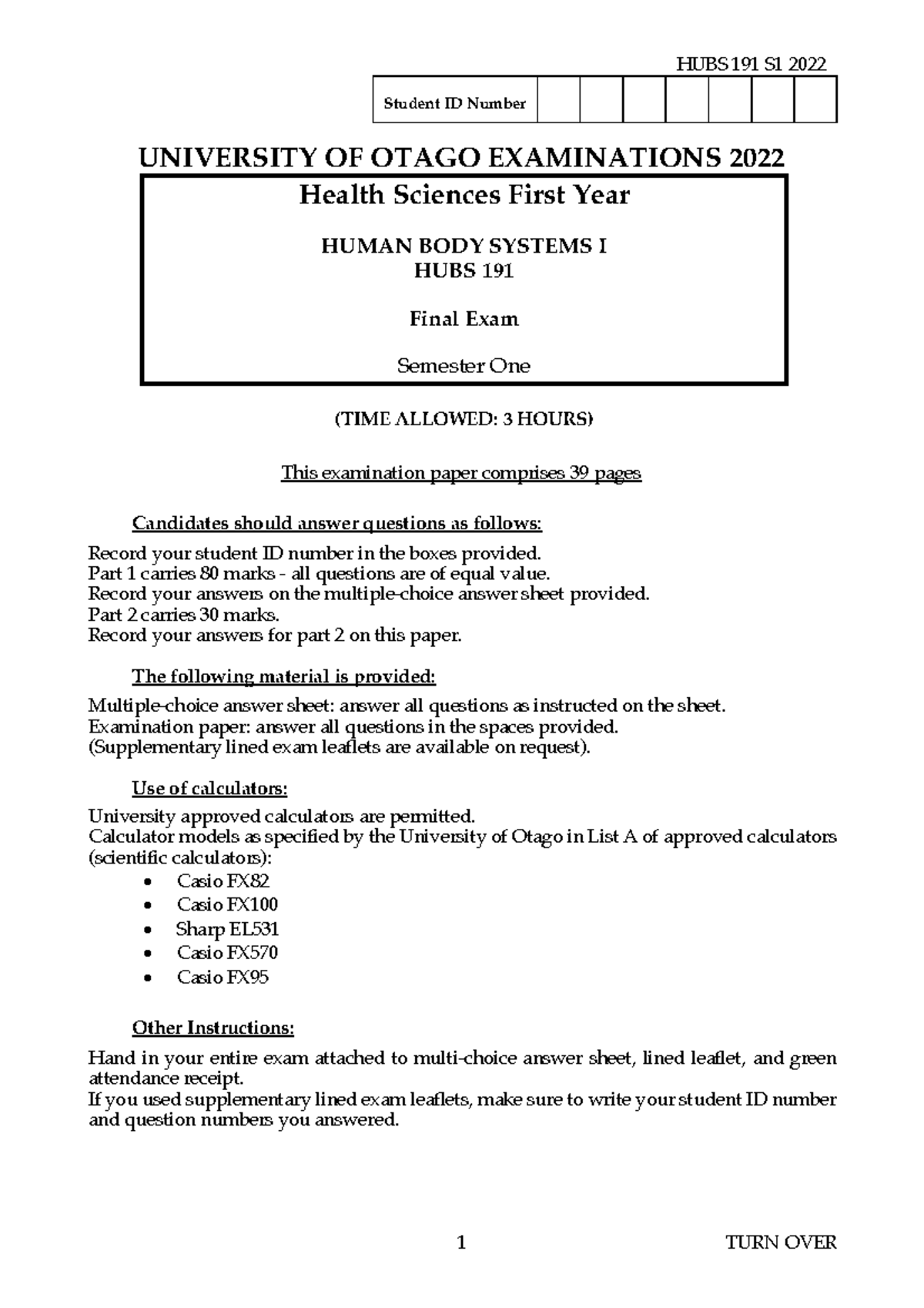 HUBS191 2022 FE 04 exam Student ID Number UNIVERSITY OF OTAGO