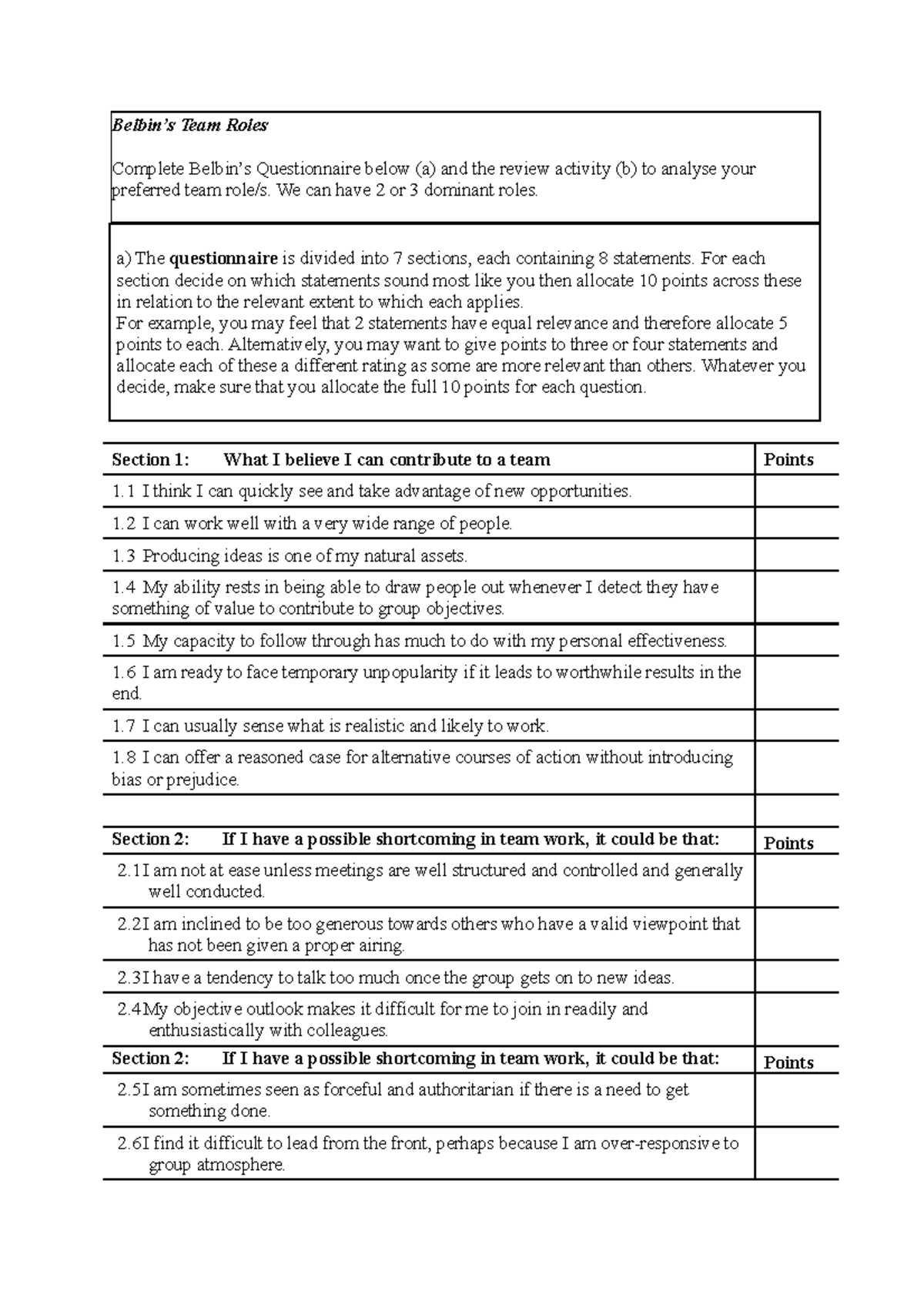 Belbin questionnaire - clase - Vibraciones mecánicas - Studocu