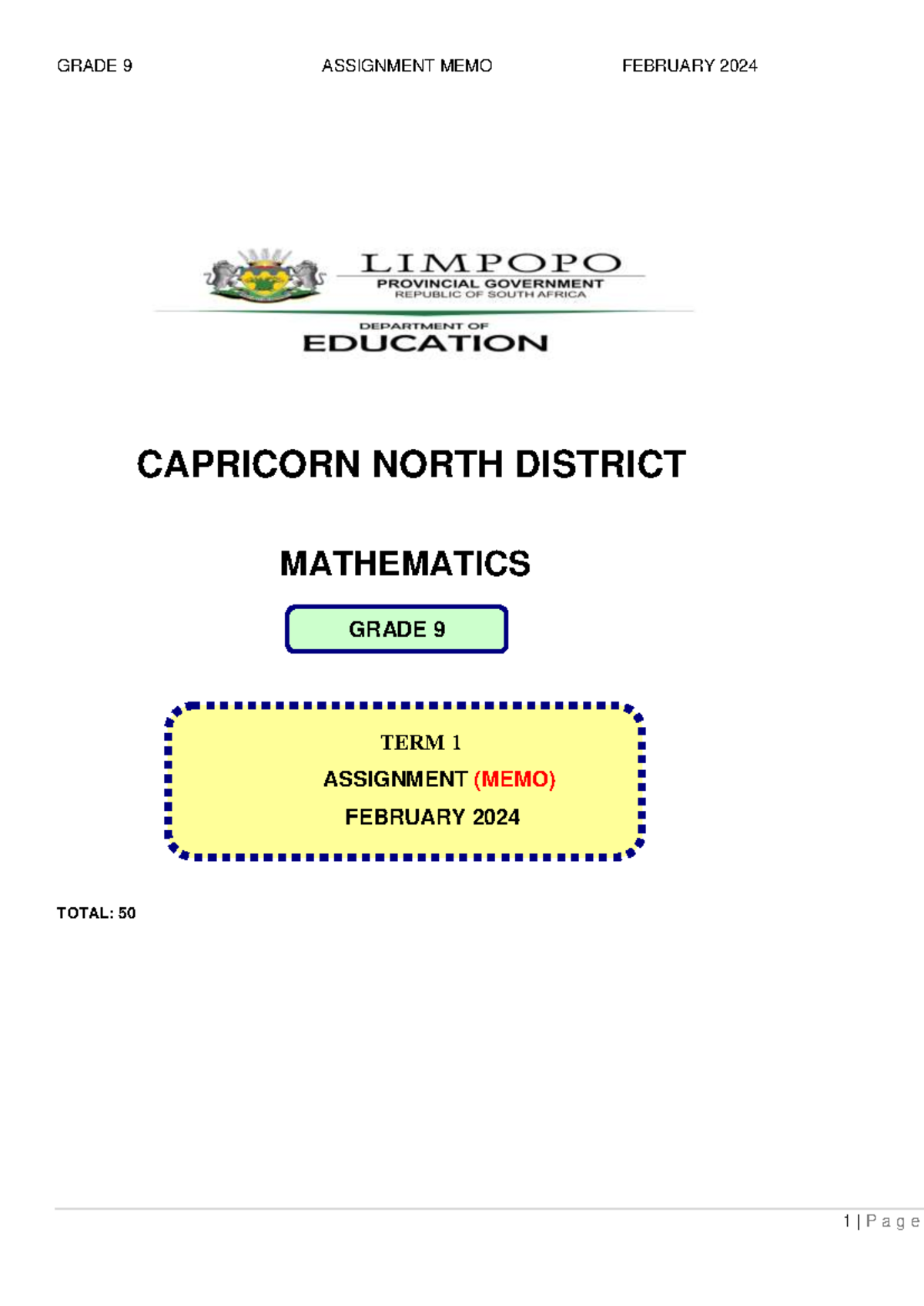 mathematics assignment grade 9 term 1 2022 memorandum