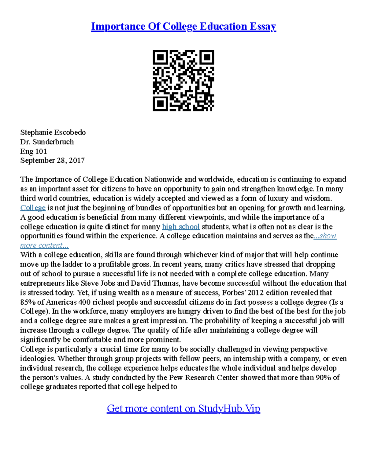Importance Of College Essay - Importance Of College Education Essay ...