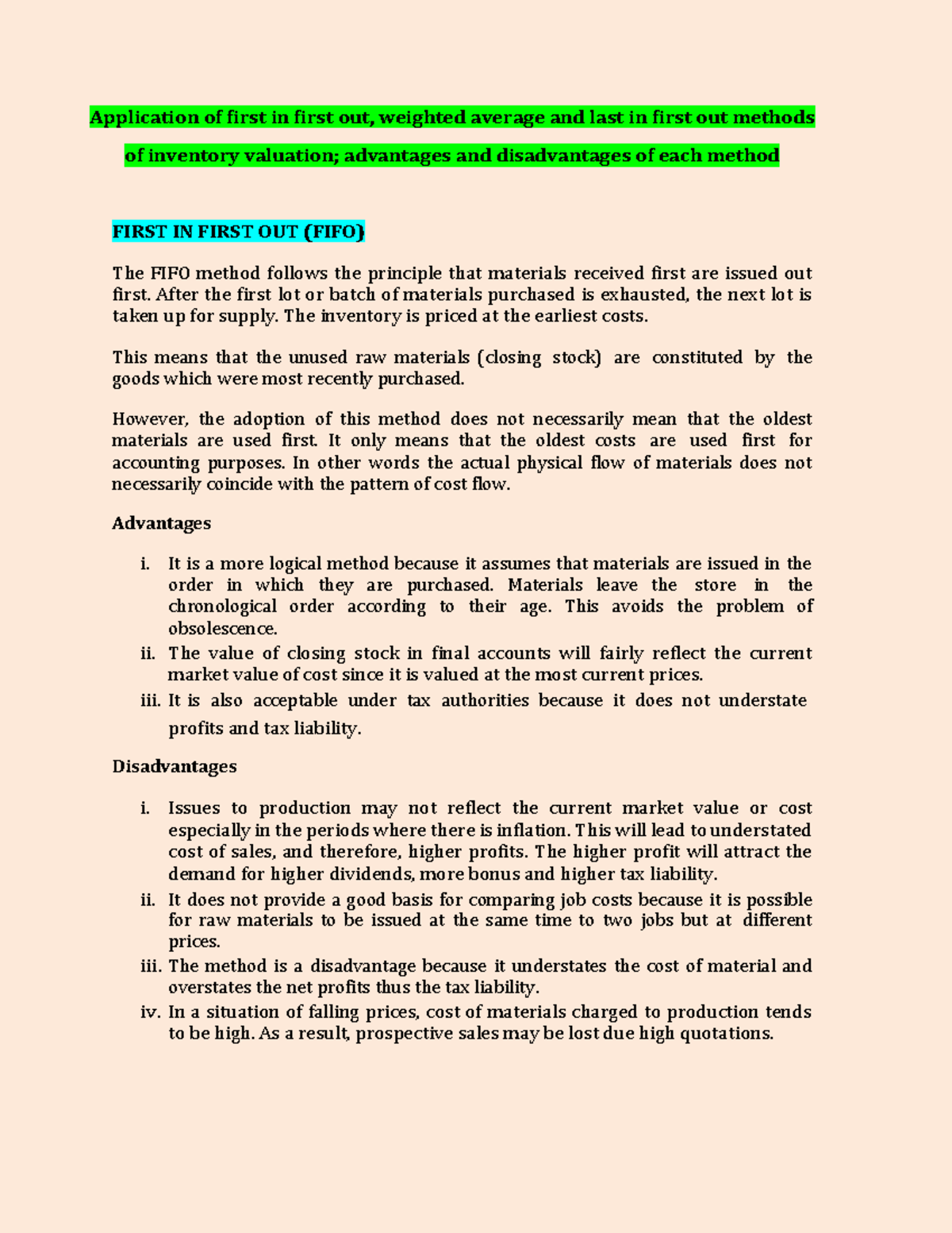 Material Costin 1 FIFO LIFO Handout 2023 - Application of first in ...