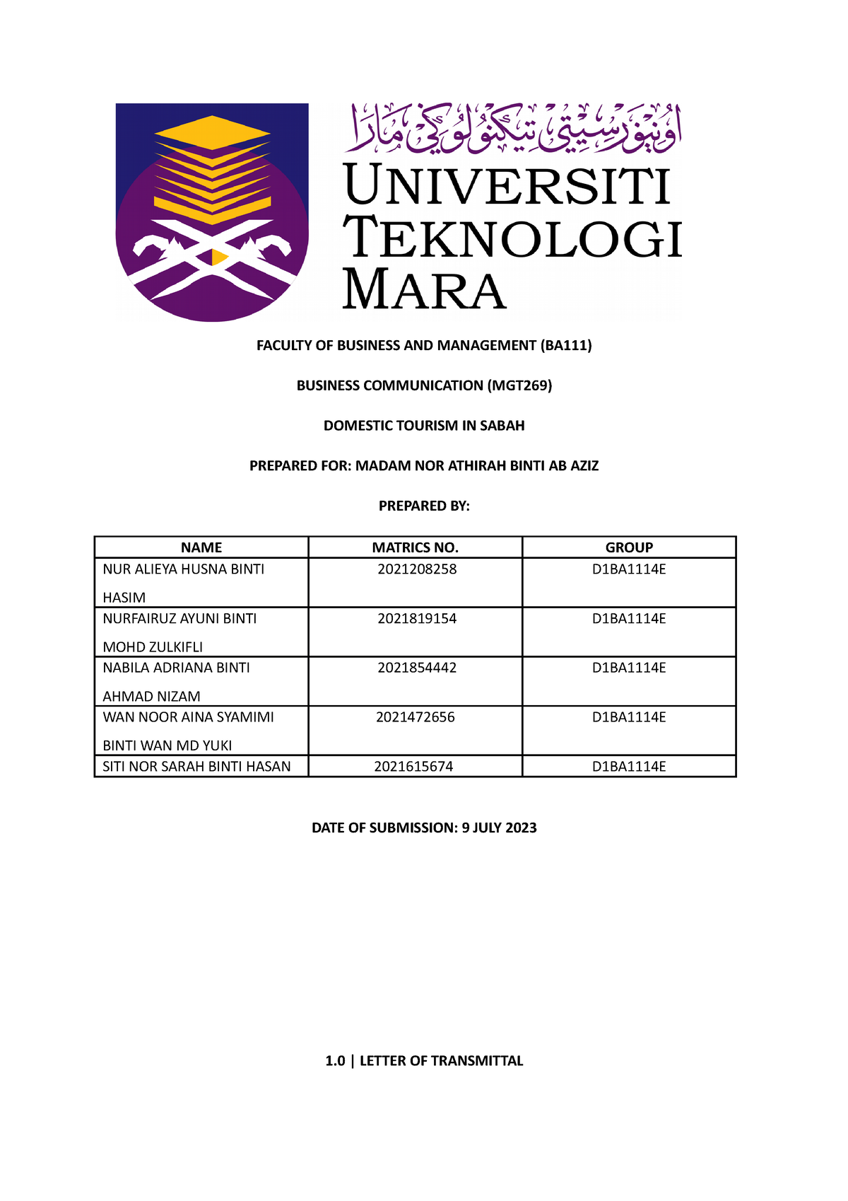 MGT269 Group Report - BUSINESS COMMUNICATION (DATA) - FACULTY OF ...