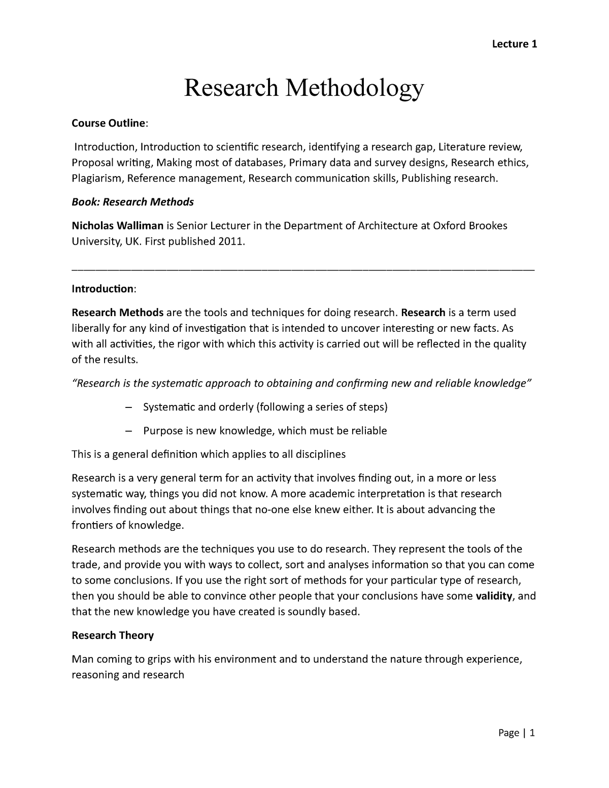 Research Theory - Lecture 1 Research Methodology Course Outline ...