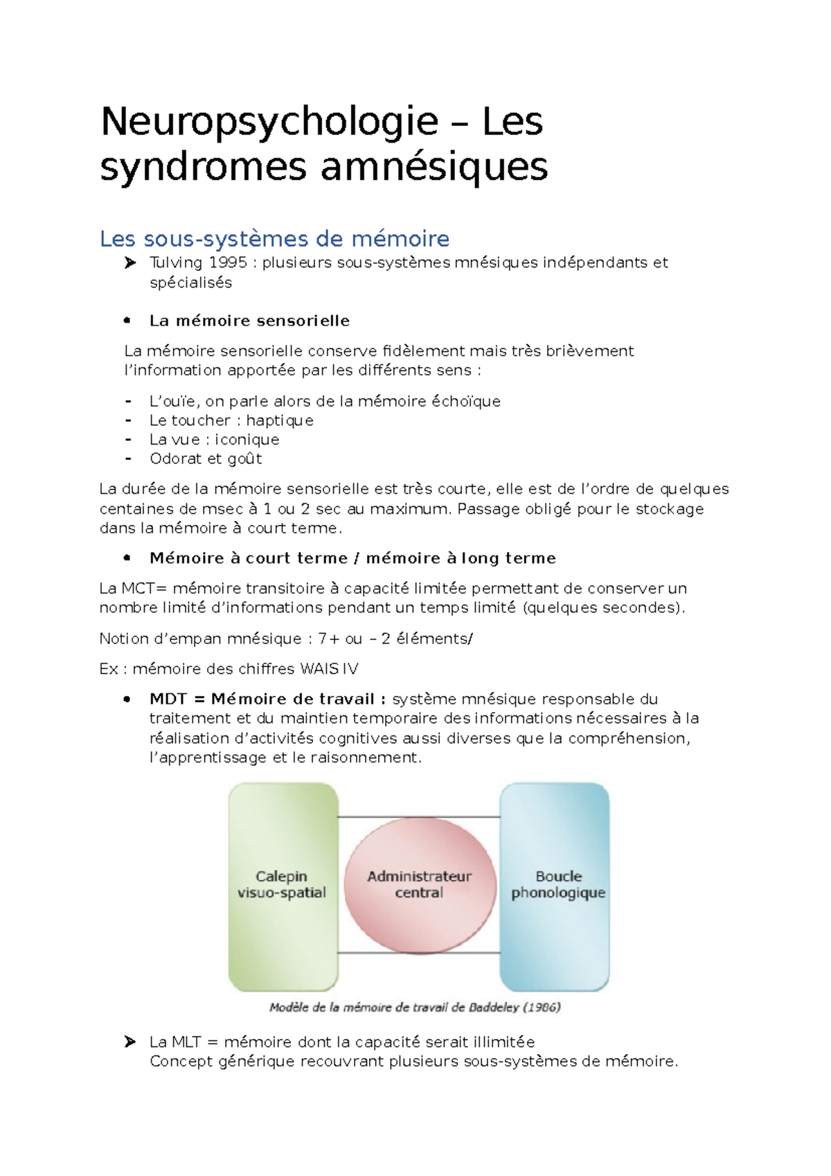 Neuropsychologie Les syndromes amnésiques Neuropsychologie Les