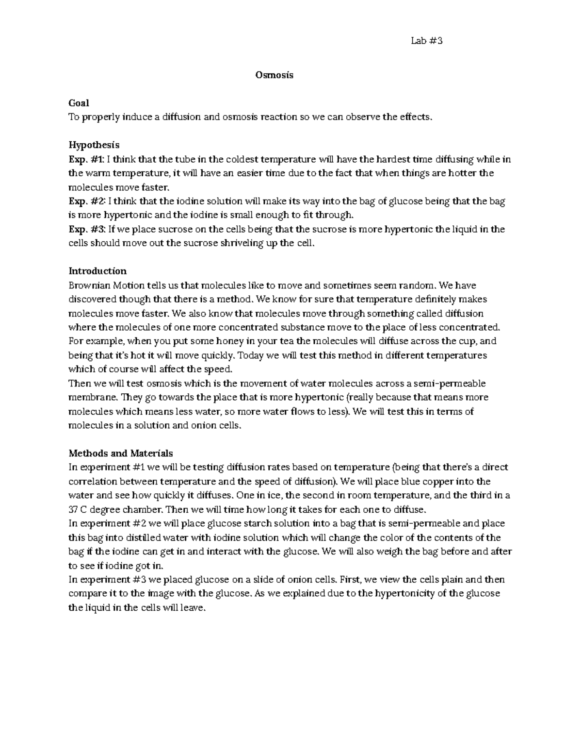 Lab report 3 osmosis Lab Osmosis Goal To properly induce a