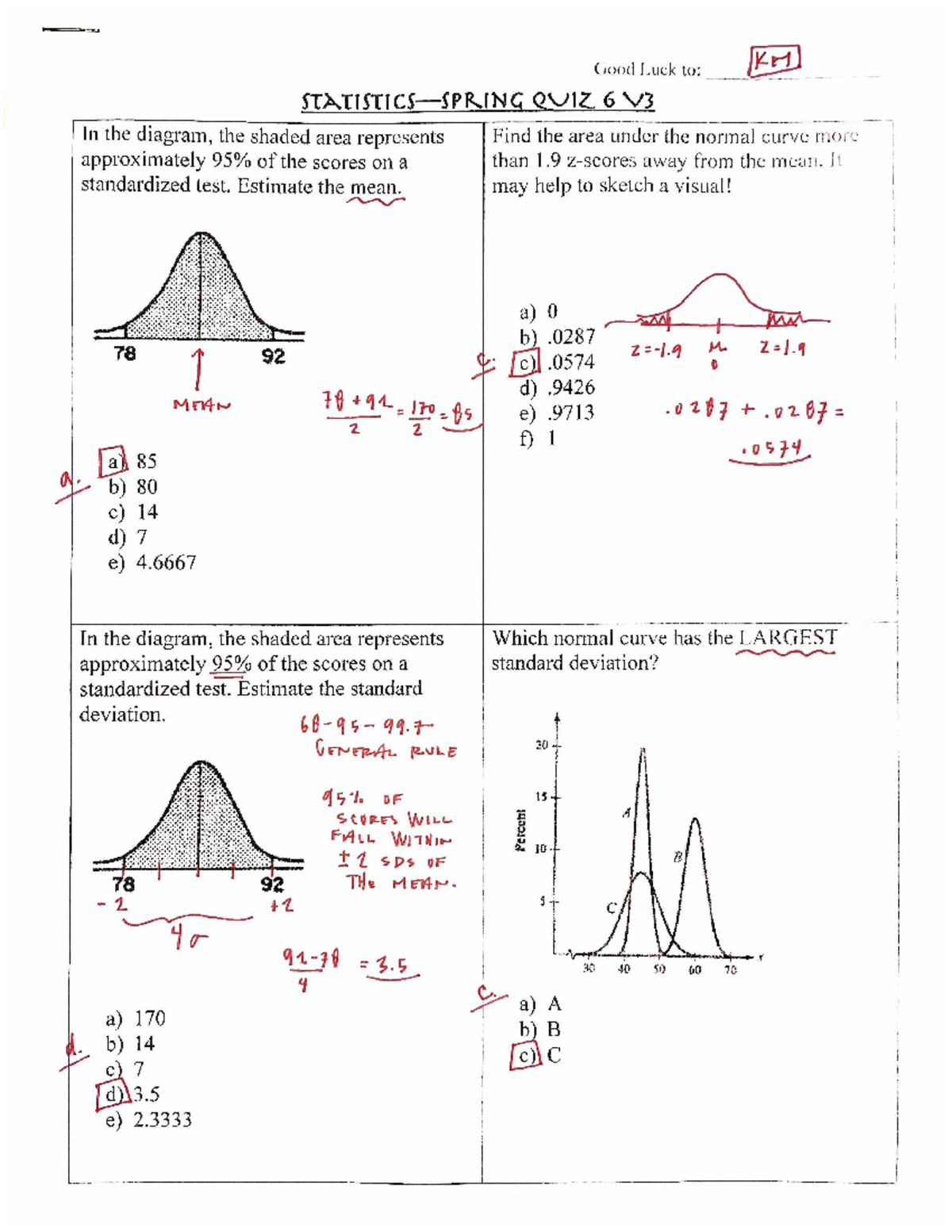 Statistics Spring-QUIZ 6 V3 KEY - Probability and Statistical Methods ...