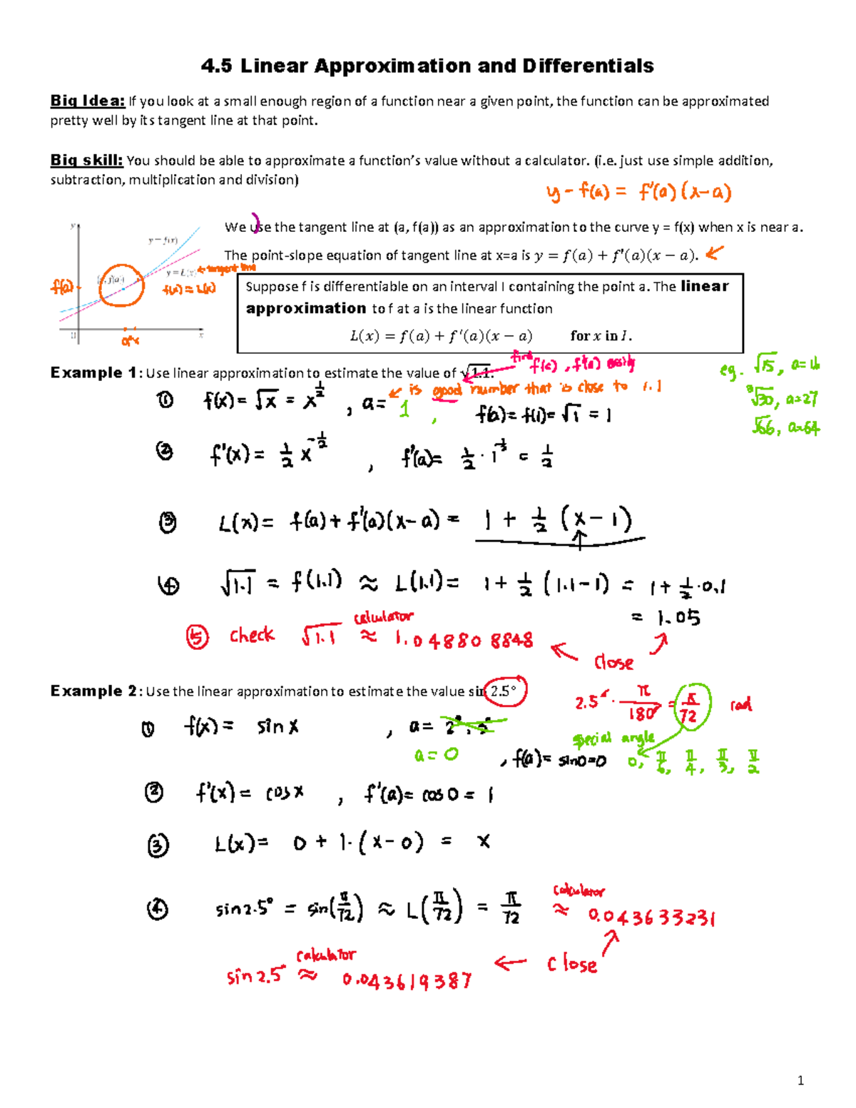 4.5 linear approximation homework answers flamingo math