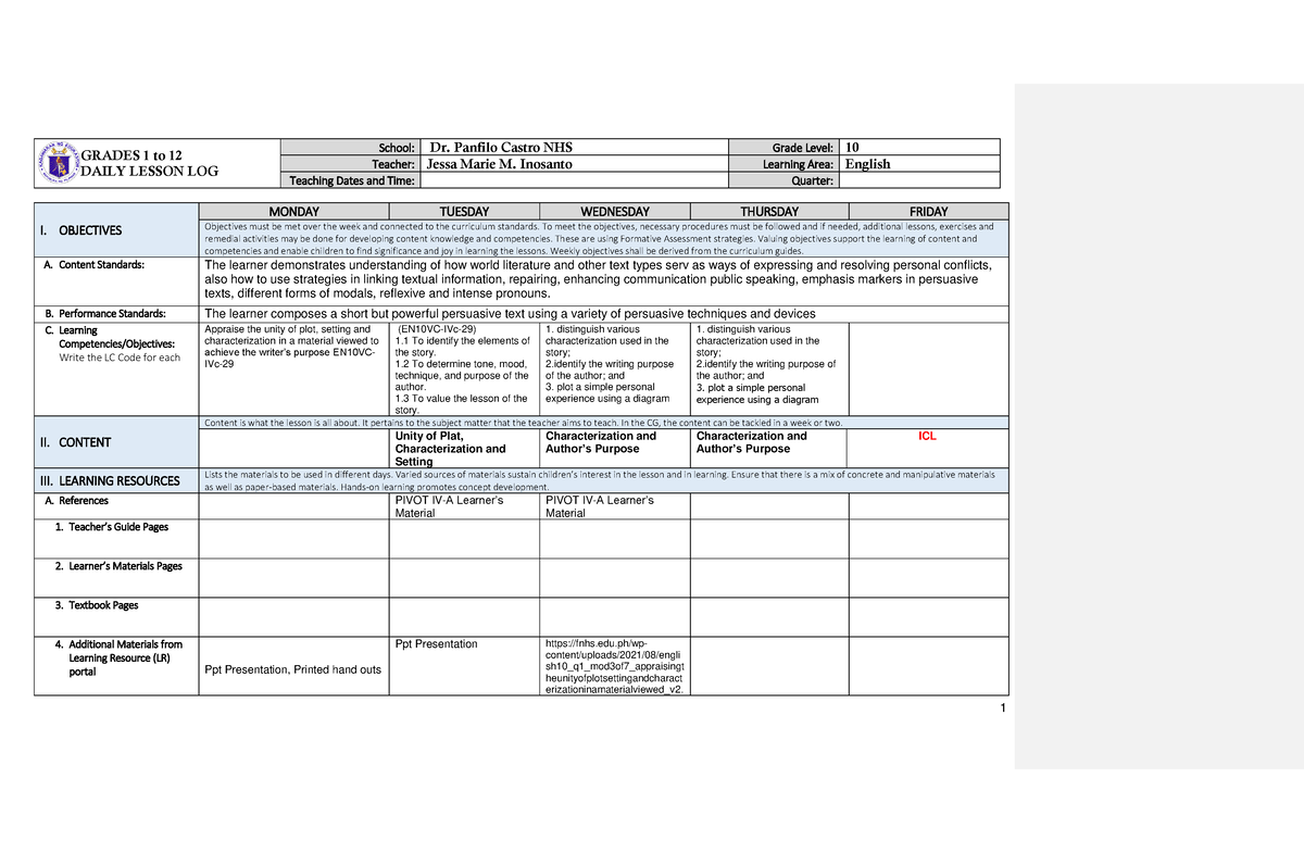 DLL Q1W3 - Daily Lesson Log - GRADES 1 To 12 DAILY LESSON LOG School ...