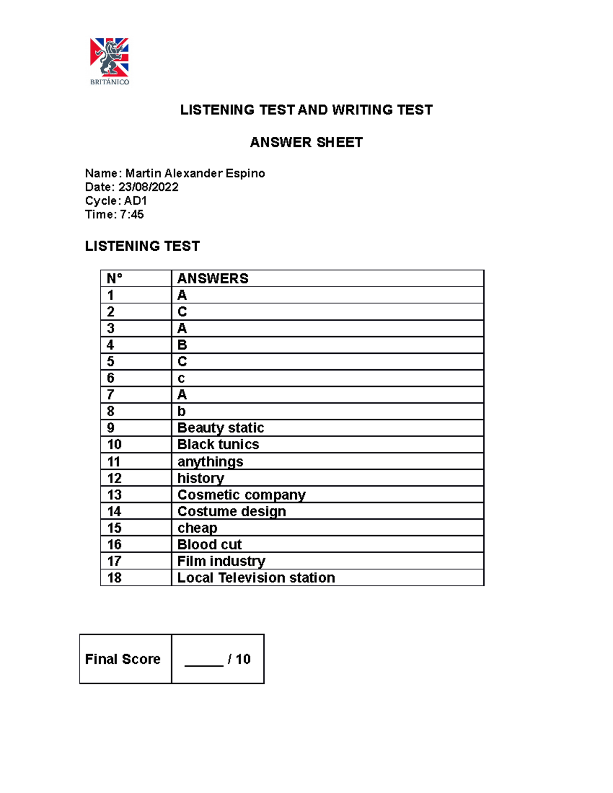 Listening TEST AND Writing TEST Answer Sheet AD1 LISTENING TEST AND