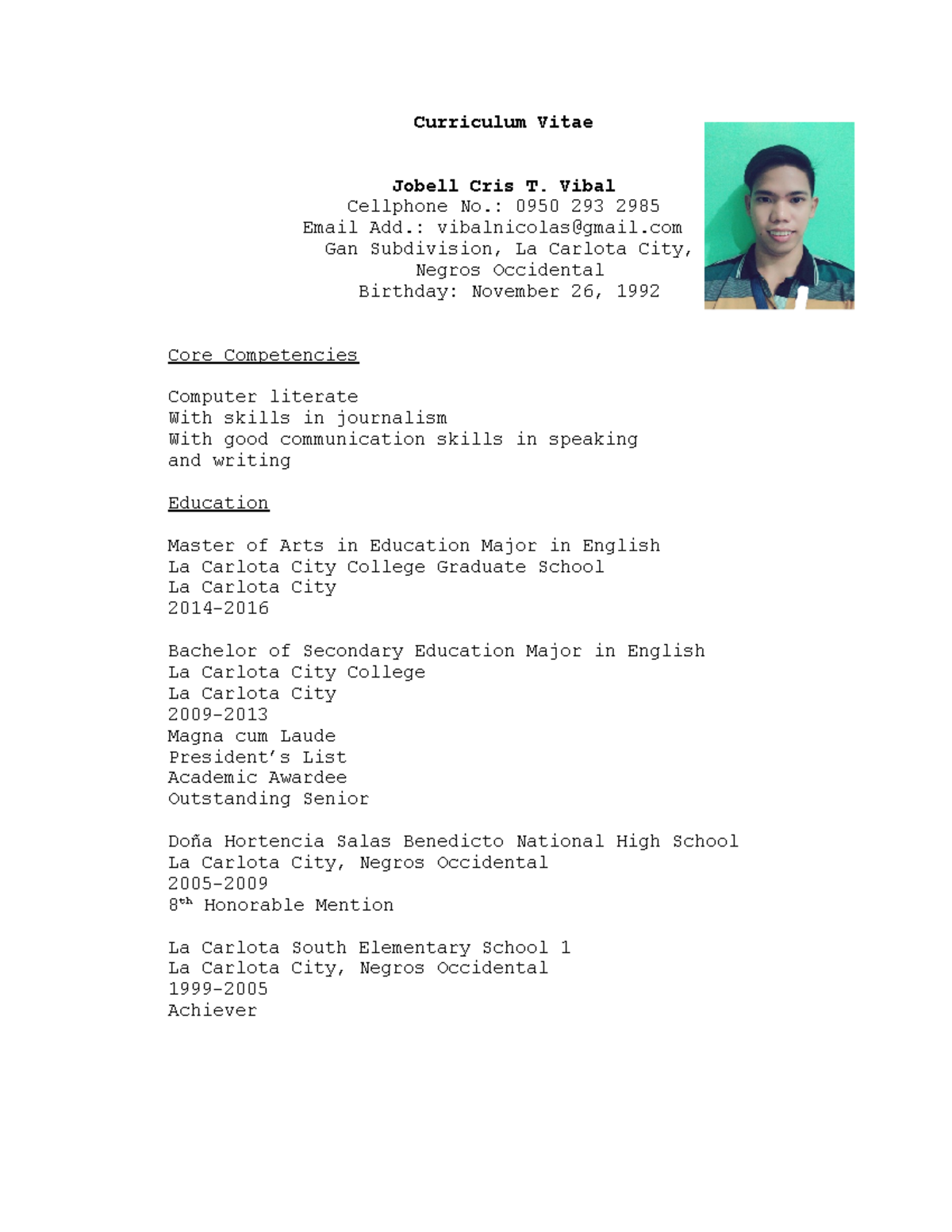 CV-Sample-1 - none - Curriculum Vitae Jobell Cris T. Vibal Cellphone No ...