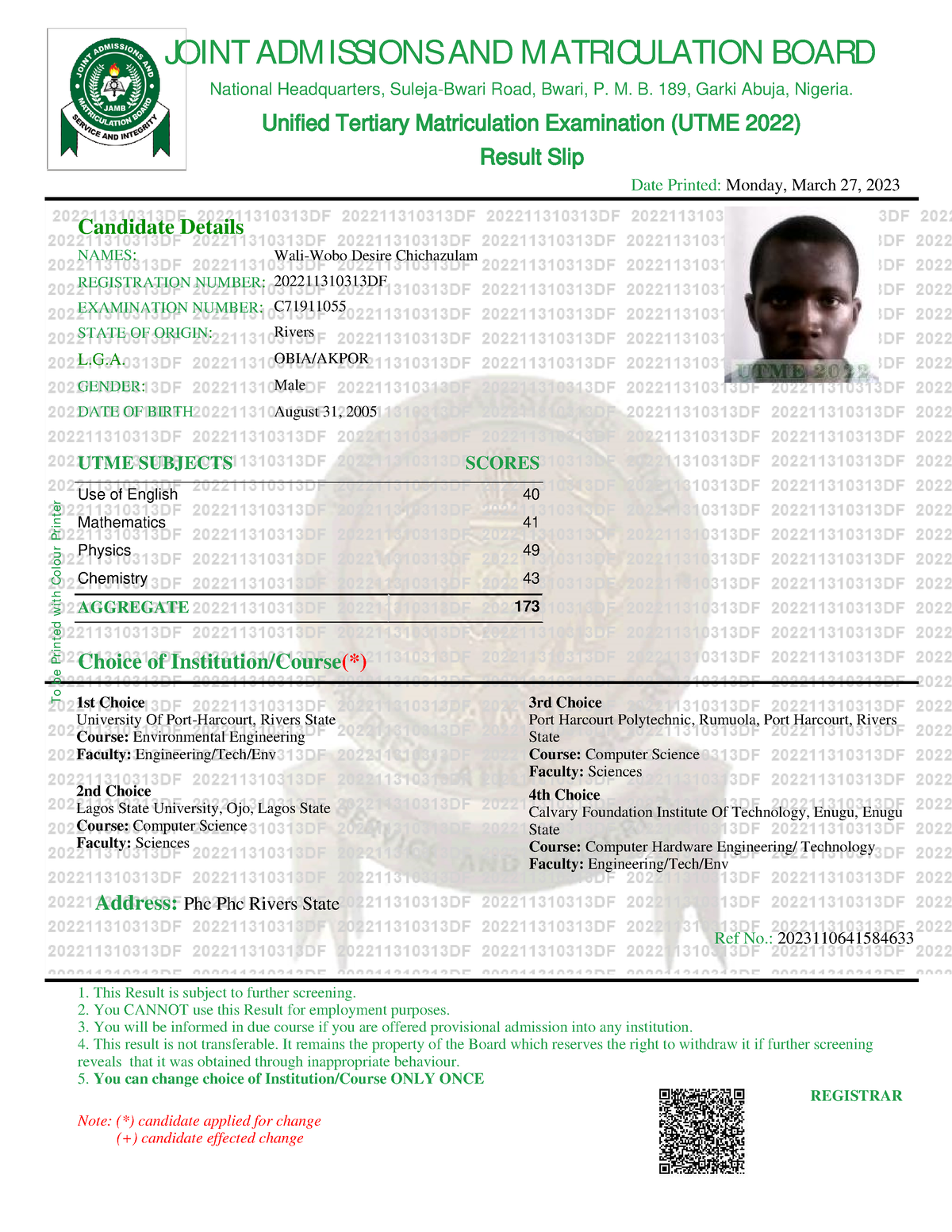 Wali-Wobo Desire Chichazulam Result Slip - UTME SUBJECTS SCORES Choice ...