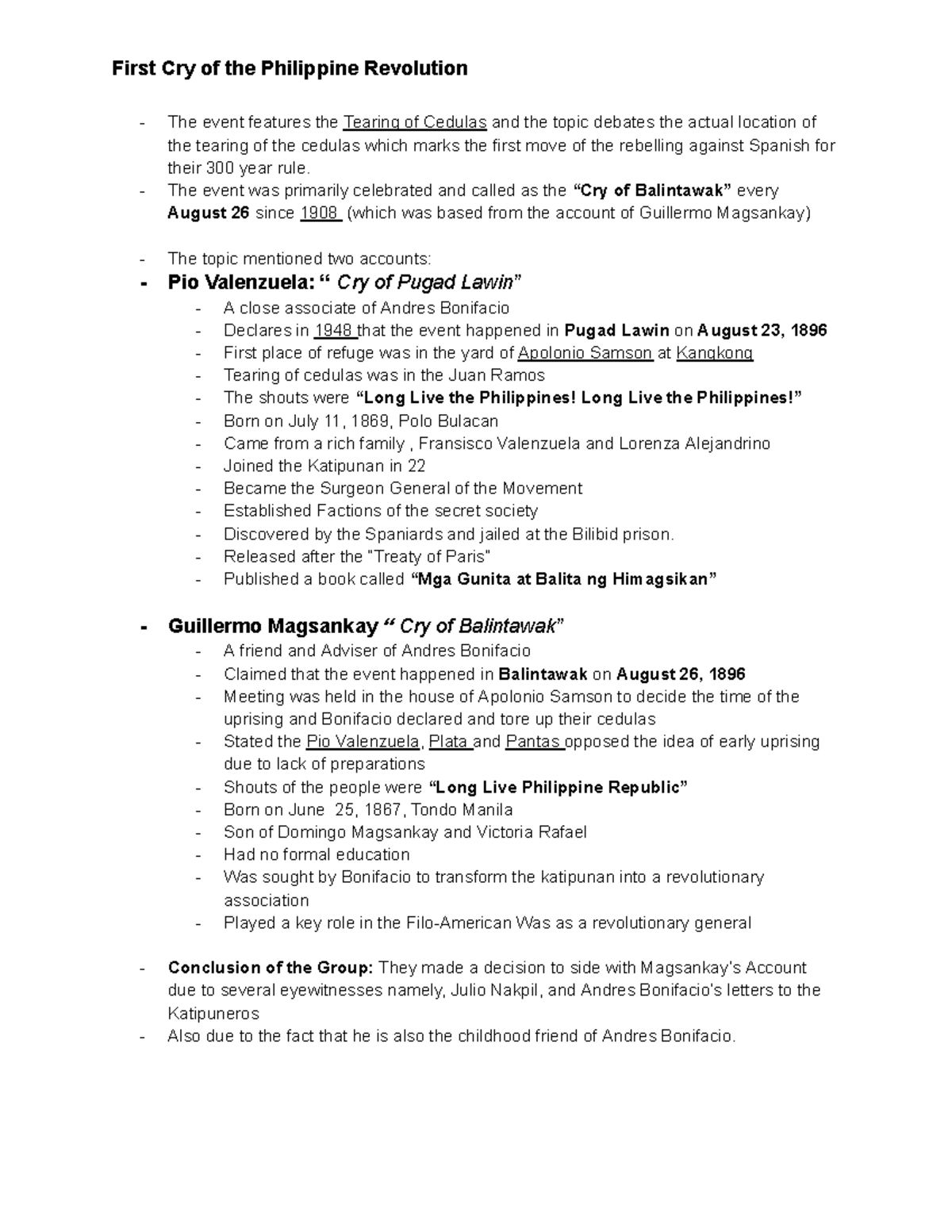 Rhist-QUIZ- Notes - First Cry of the Philippine Revolution - The event ...